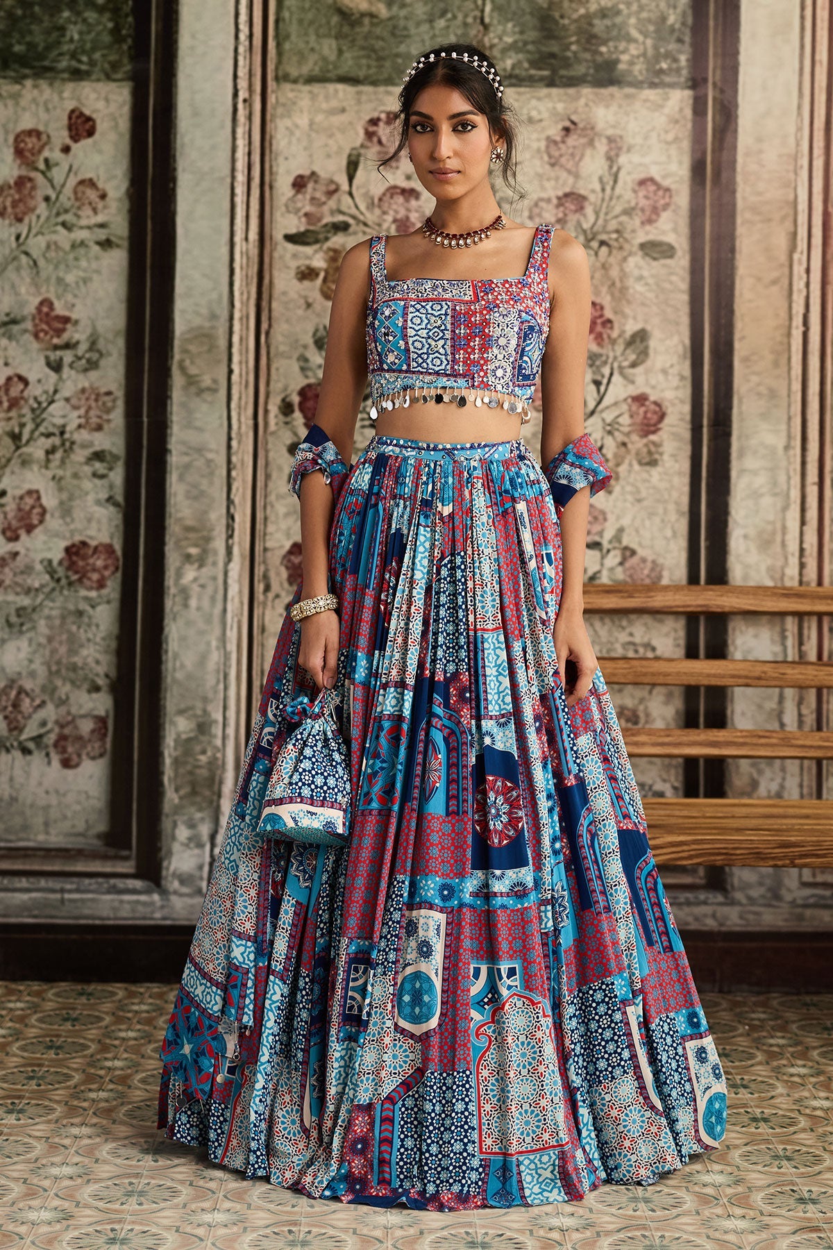 Teal Print And Highlighted Square Neck Blouse With Lehenga Set