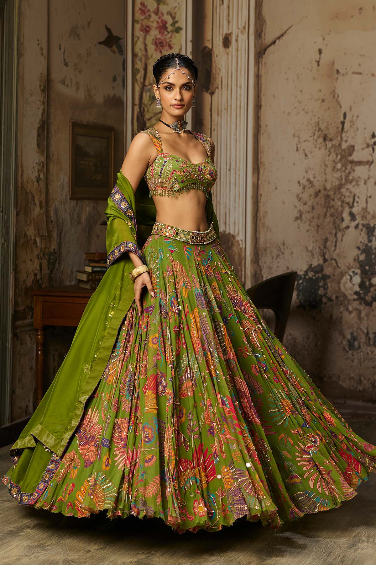 PEAR GREEN PRINTED AND HIGHLIGHTED LEHENGA SET