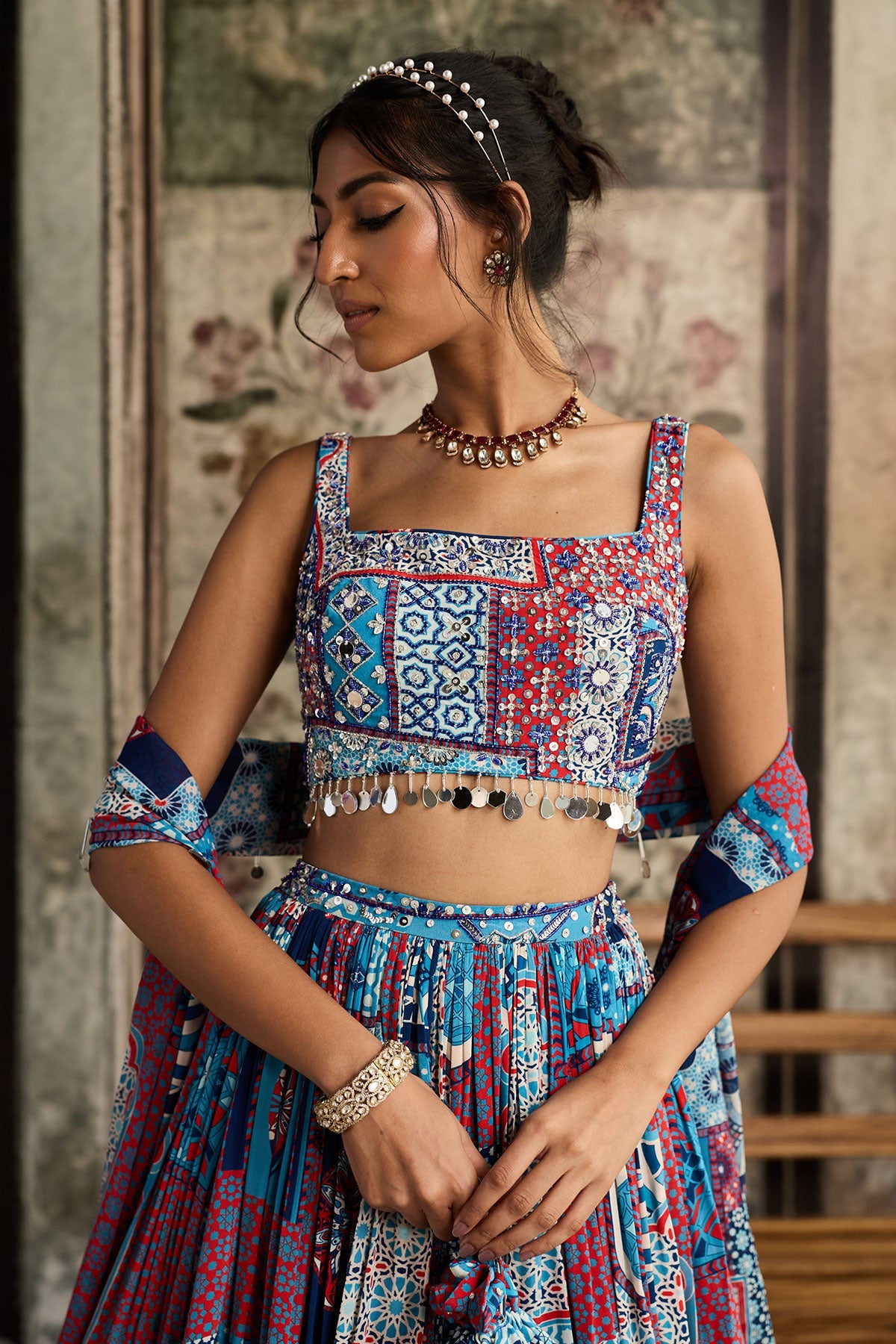Teal Print And Highlighted Square Neck Blouse With Lehenga Set