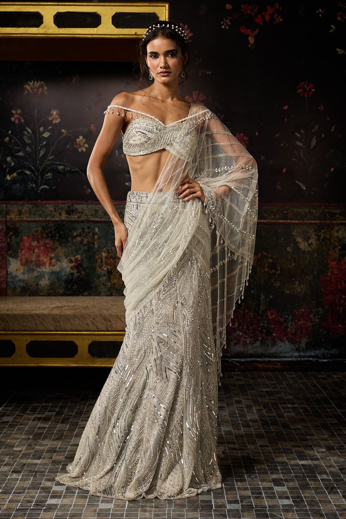 Silver Fully Embroidered Mermaid Skirt Saree Set