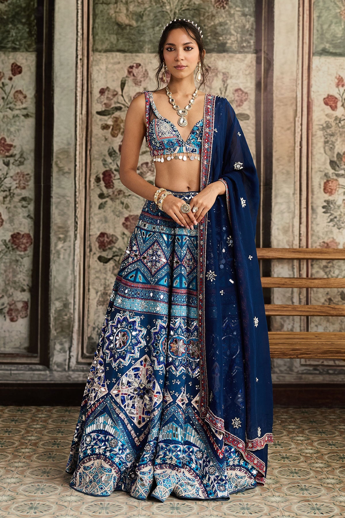 Teal Print And And Highlighted Lehenga Set