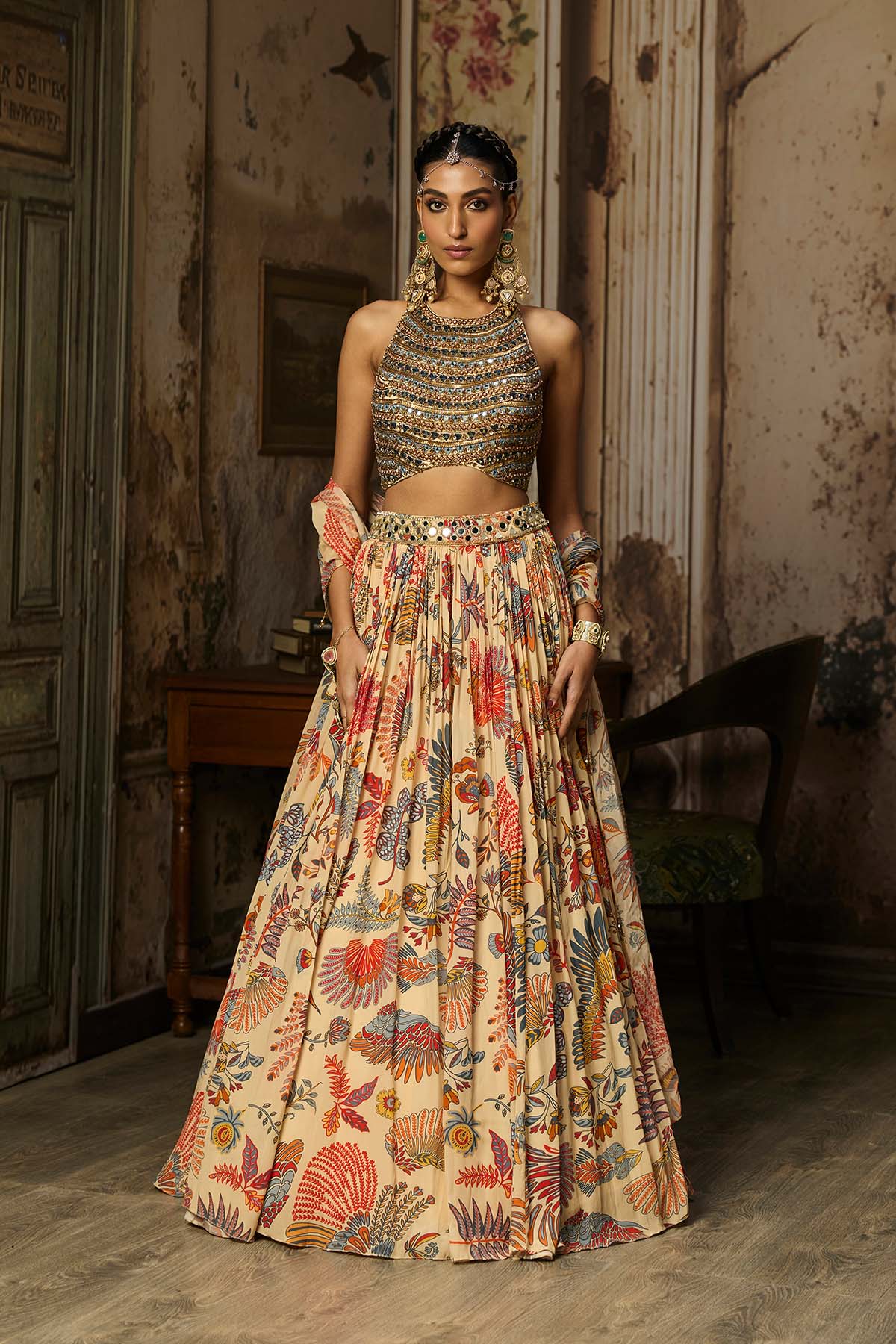 BEIGE EMBROIDERED BLOUSE WITH PRINTED AND EMBROIDERED LEHENGA SET