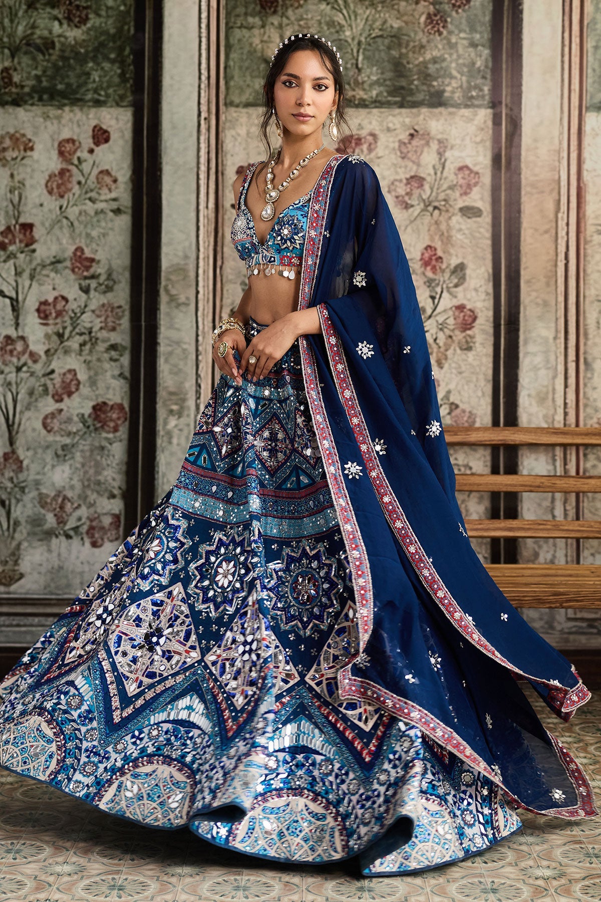 Teal Print And And Highlighted Lehenga Set