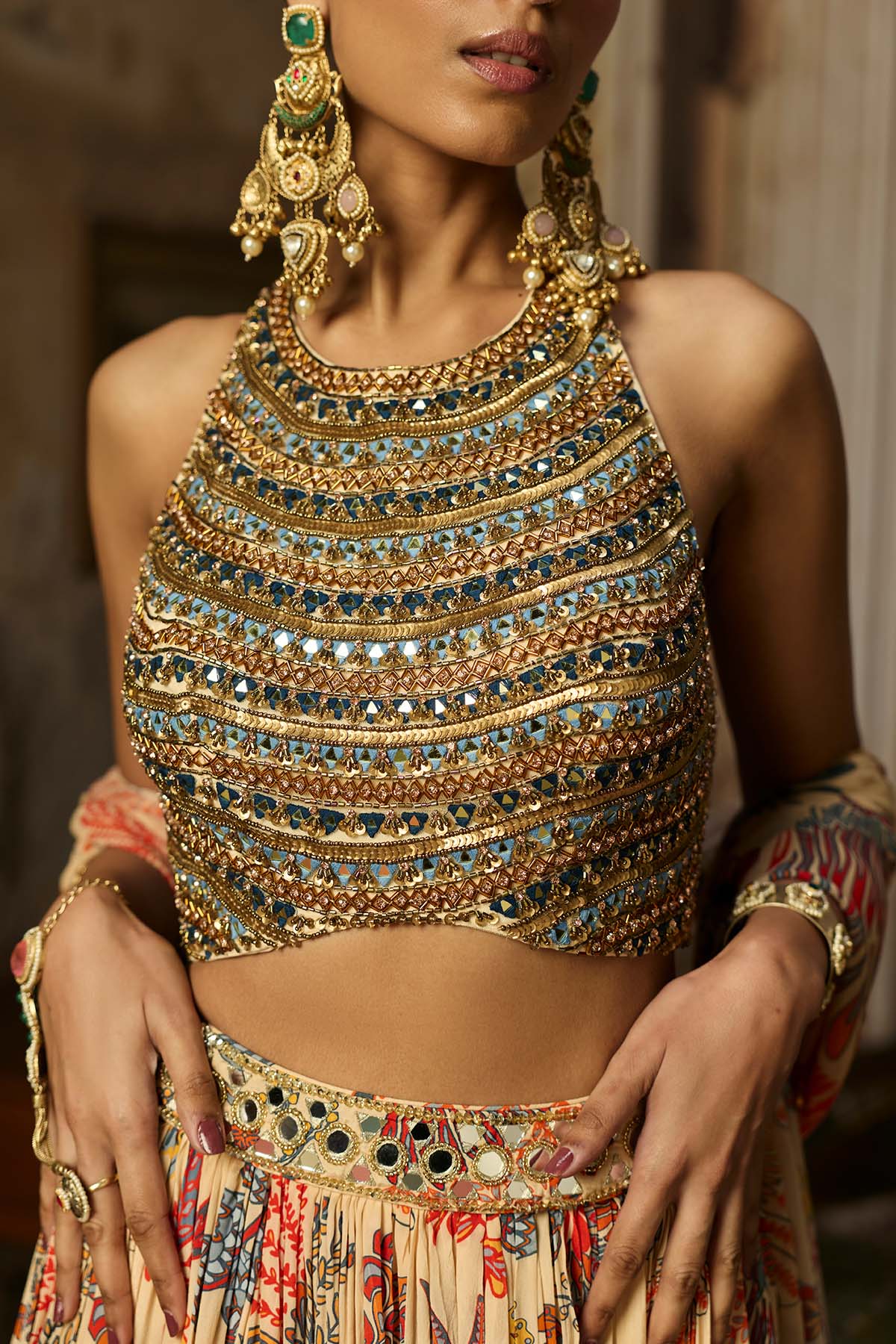 BEIGE EMBROIDERED BLOUSE WITH PRINTED AND EMBROIDERED LEHENGA SET