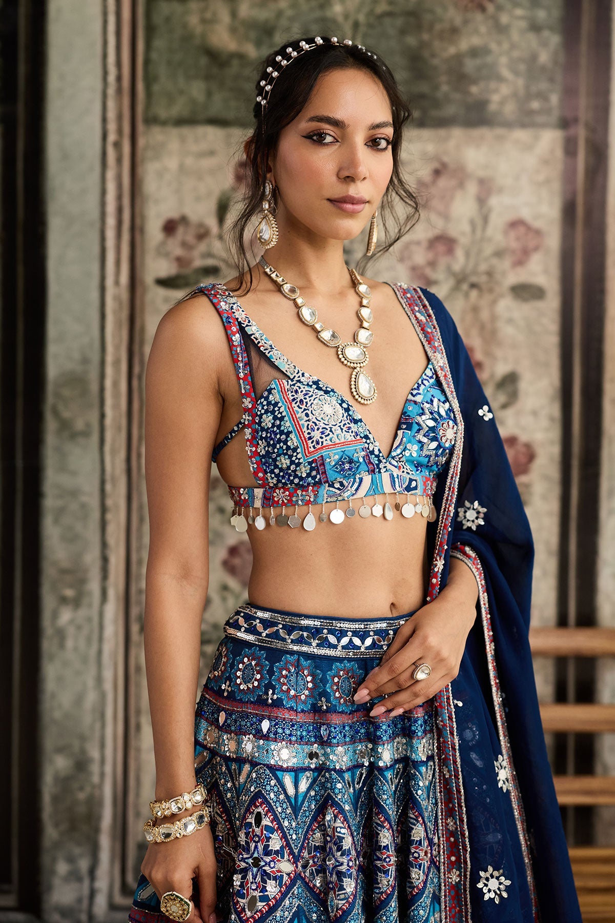 Teal Print And And Highlighted Lehenga Set
