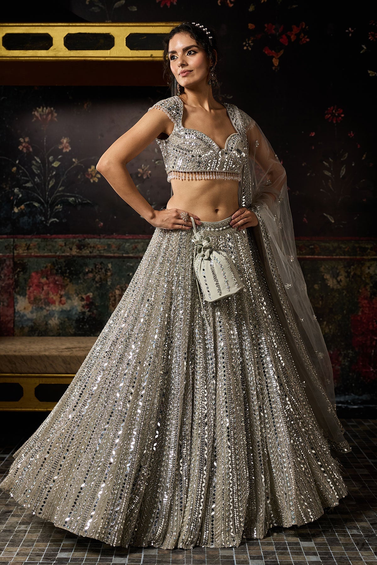 Silver Embellished Mirrorwork Lehenga Set
