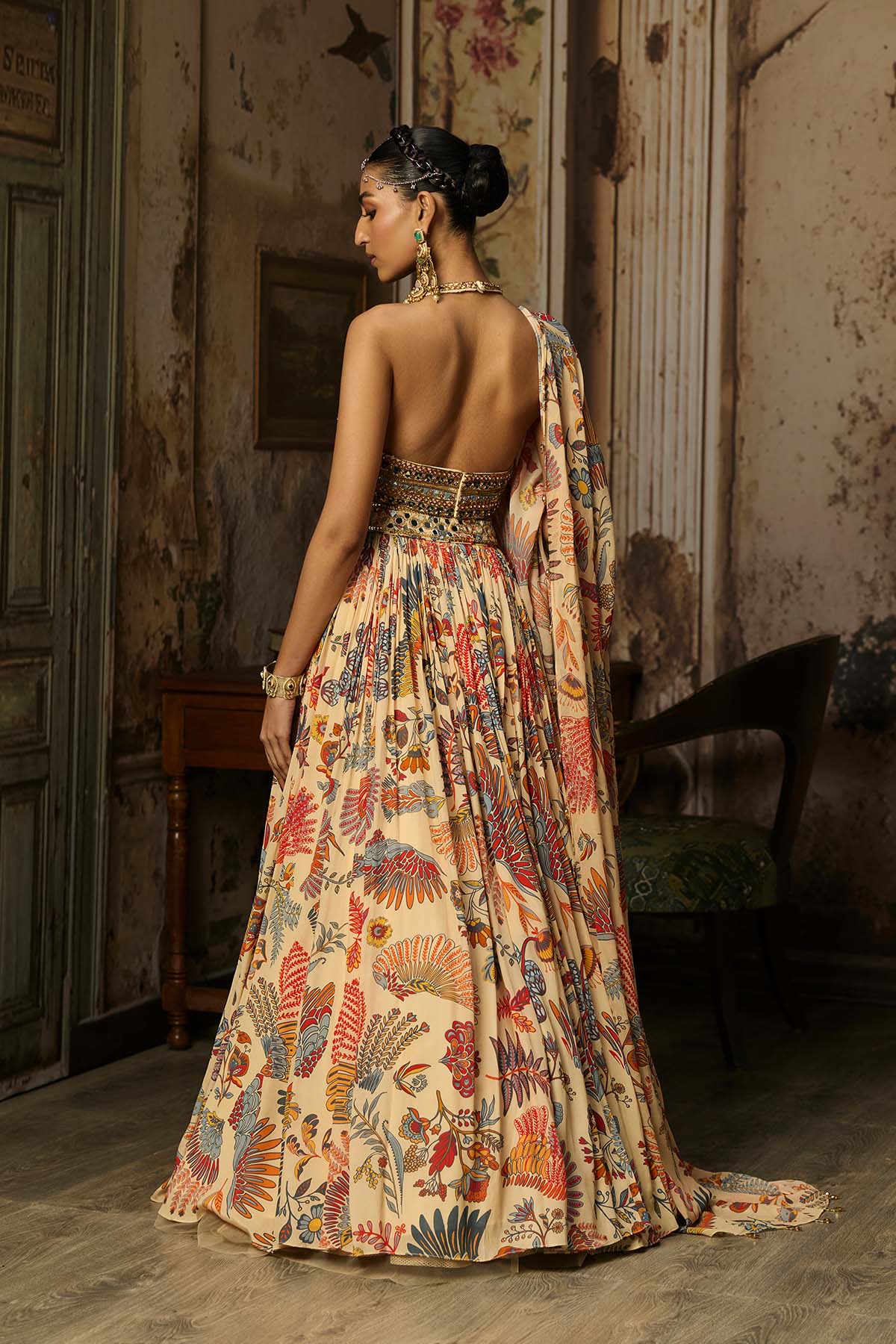 BEIGE EMBROIDERED BLOUSE WITH PRINTED AND EMBROIDERED LEHENGA SET