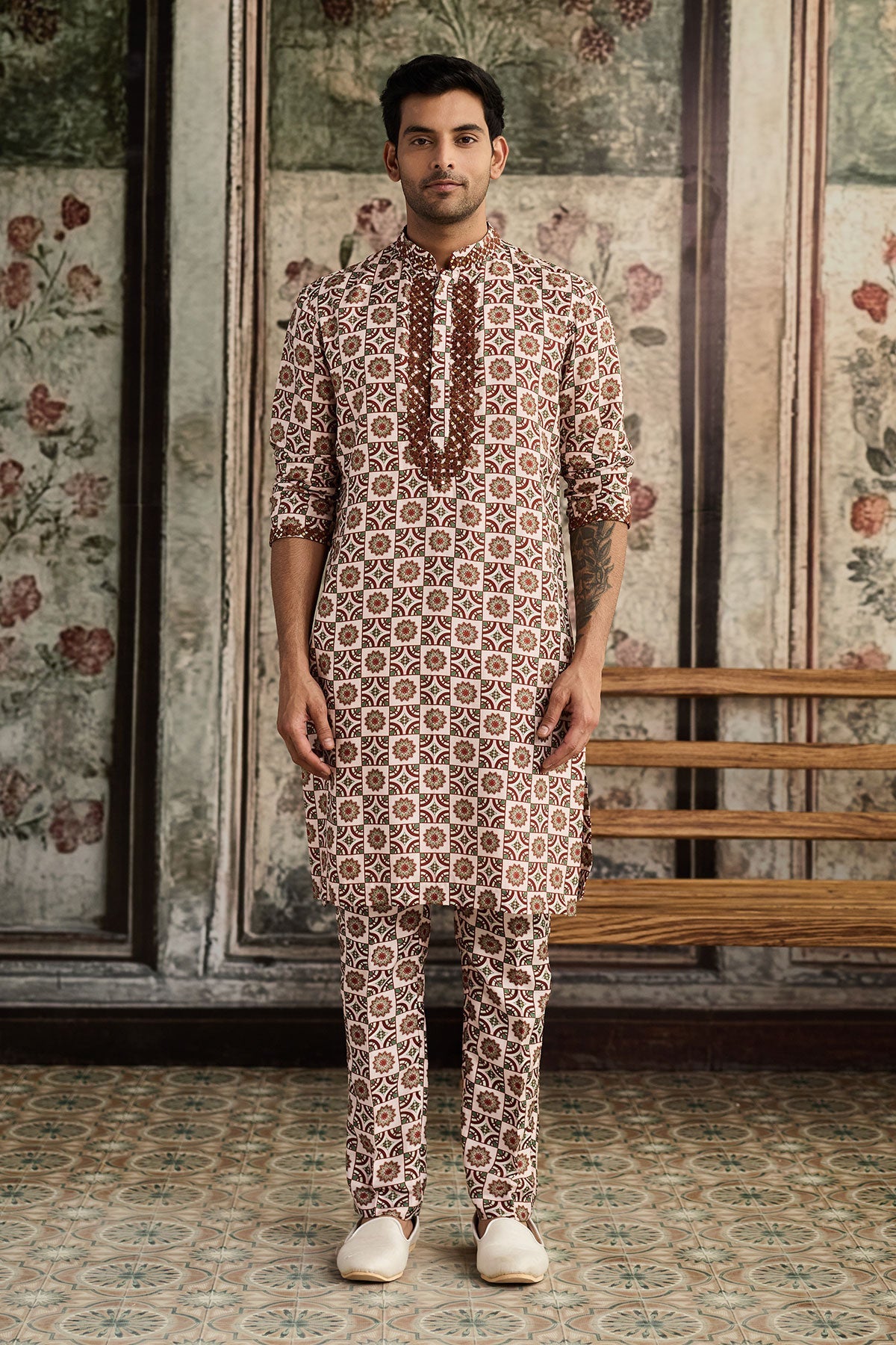 Caramel & Ivory Print & Highlighted Kurta &Pants