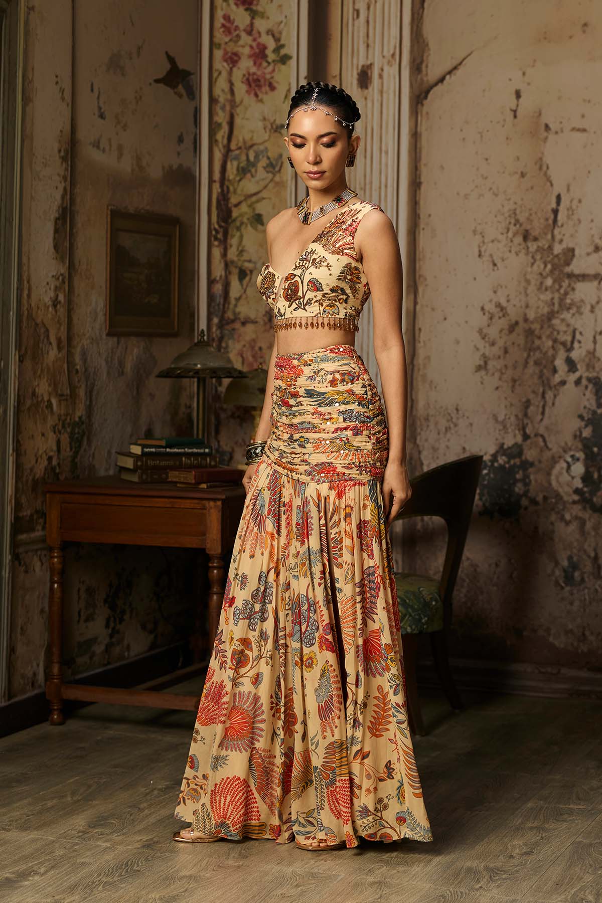 BEIGE PRINTED AND HIGHLIGTED BLOUSE WITH SKIRT SET
