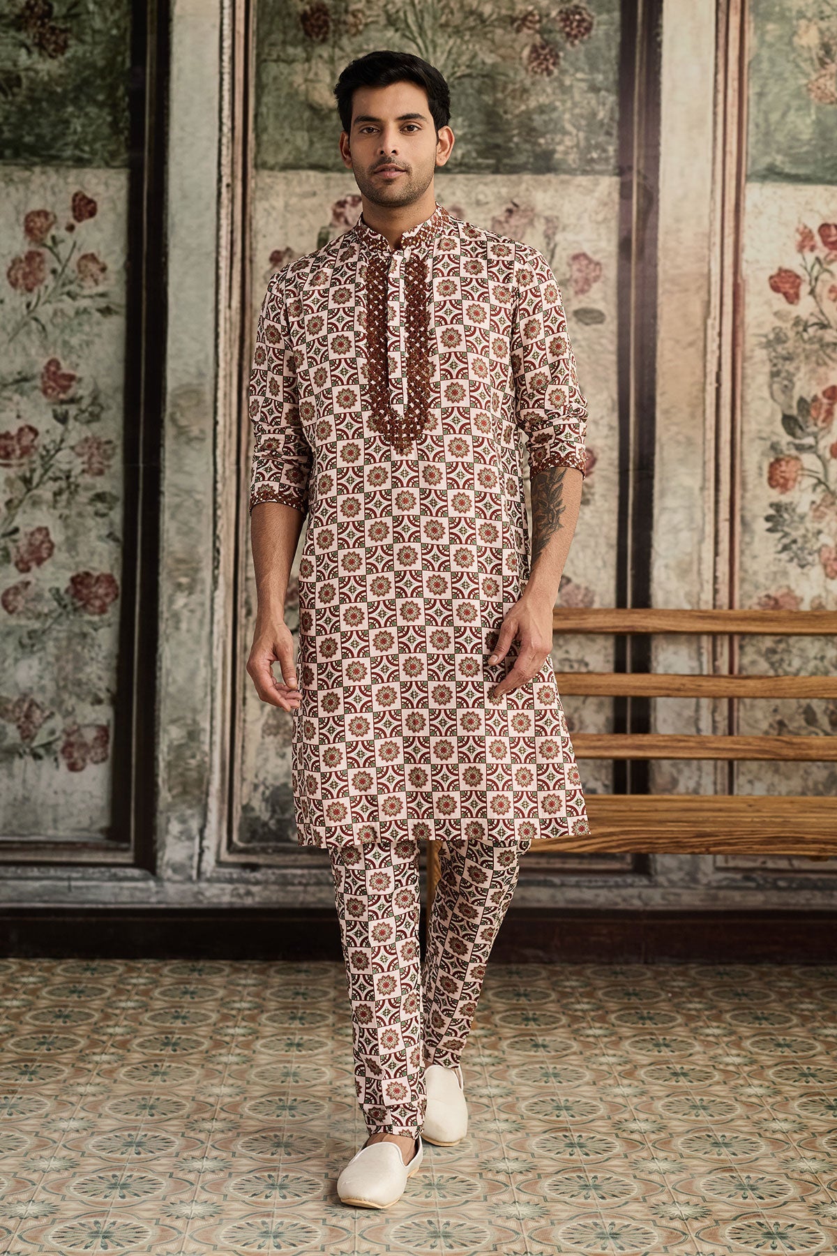 Caramel & Ivory Print & Highlighted Kurta &Pants