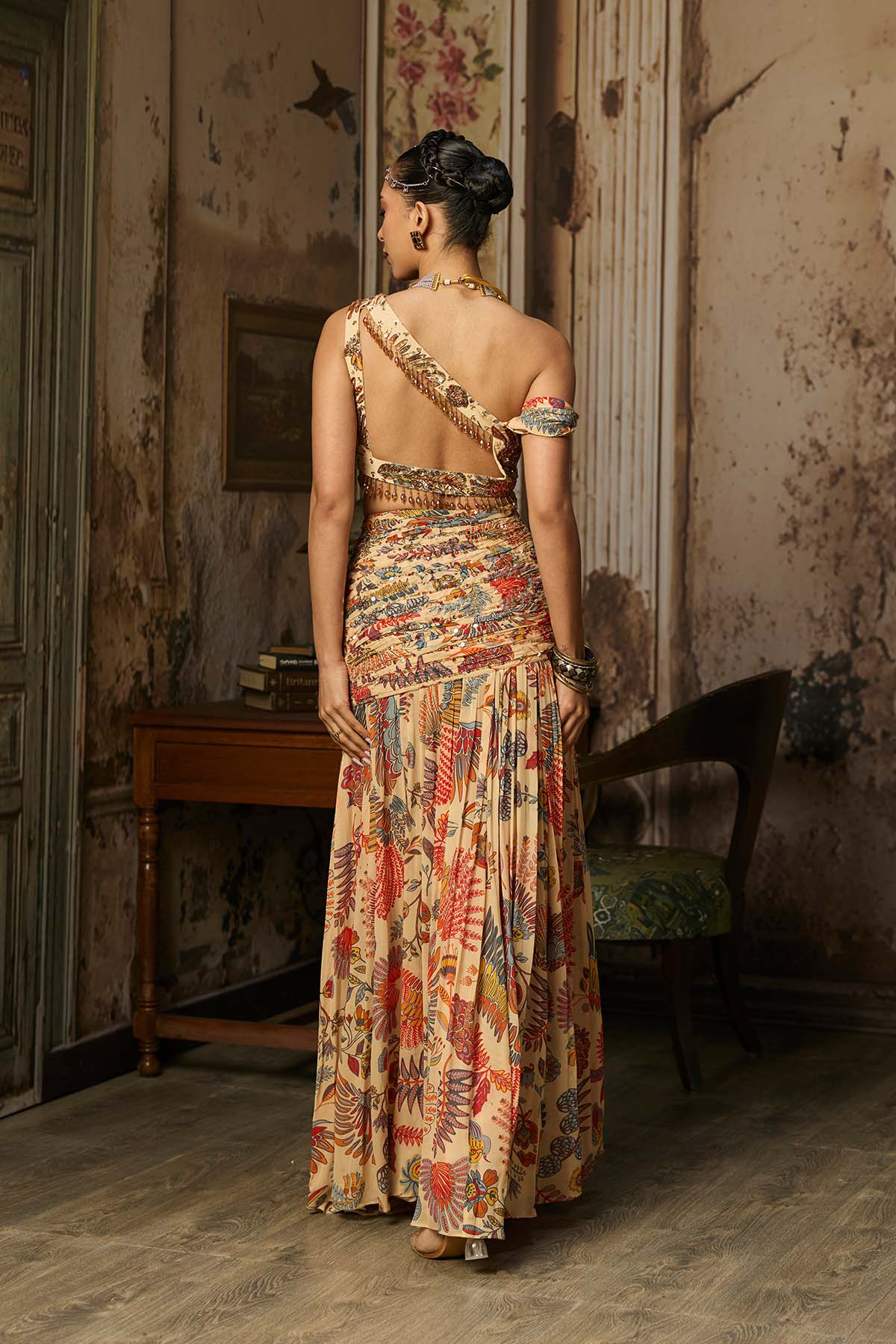 BEIGE PRINTED AND HIGHLIGTED BLOUSE WITH SKIRT SET