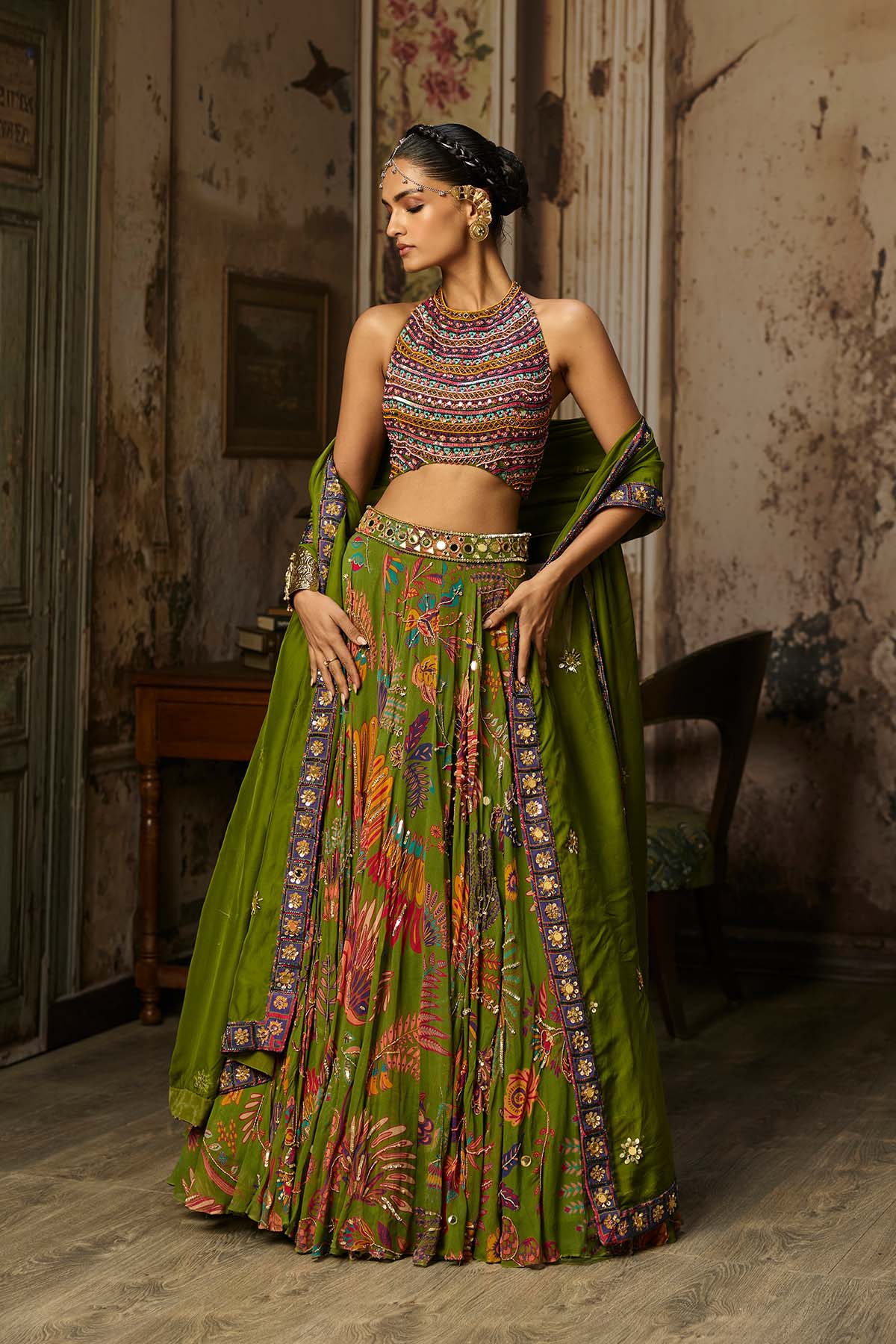 COLORFUL EMBROIDERED BLOUSE WITH PEAR GREEN LEHENGA SET