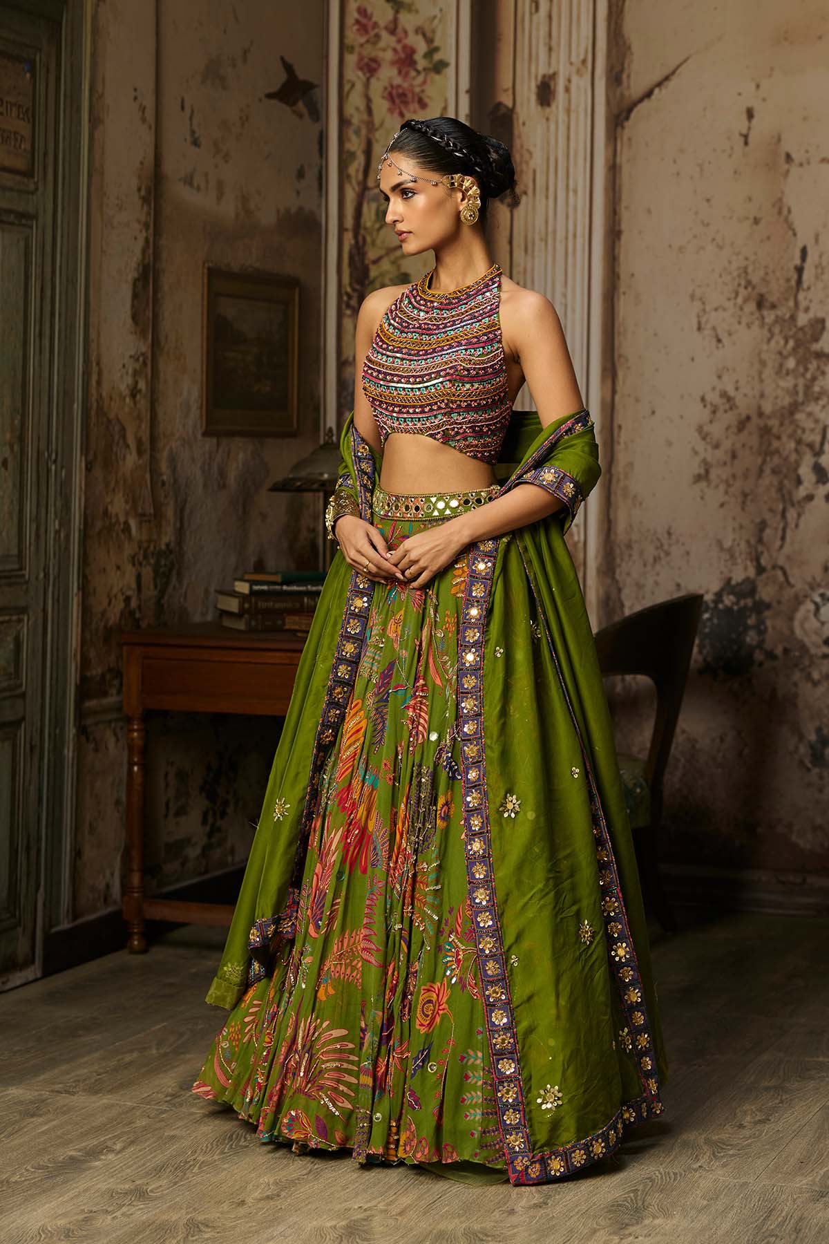 COLORFUL EMBROIDERED BLOUSE WITH PEAR GREEN LEHENGA SET