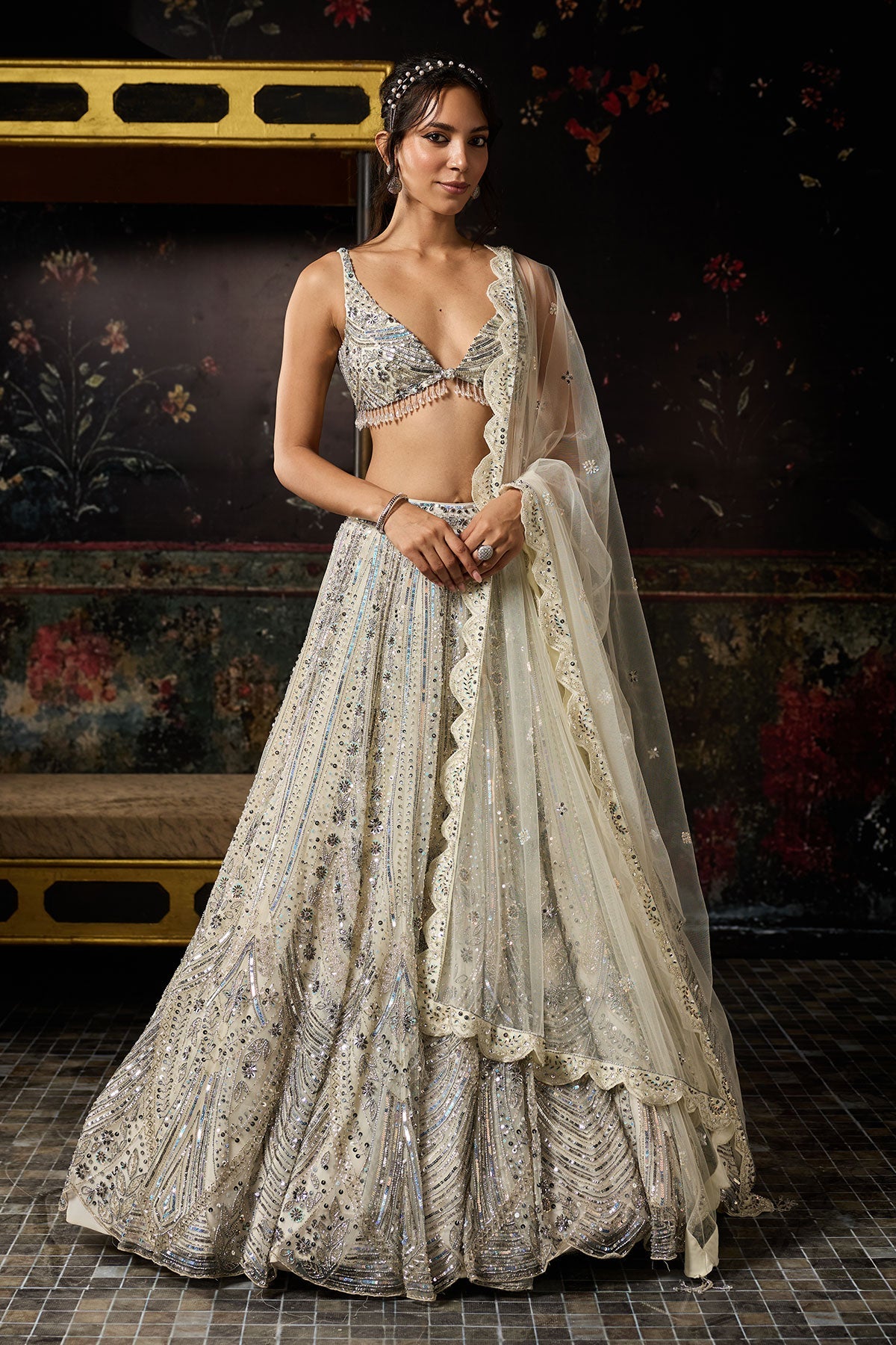 Ivory Fully Embroidered Scallop Lehenga Set