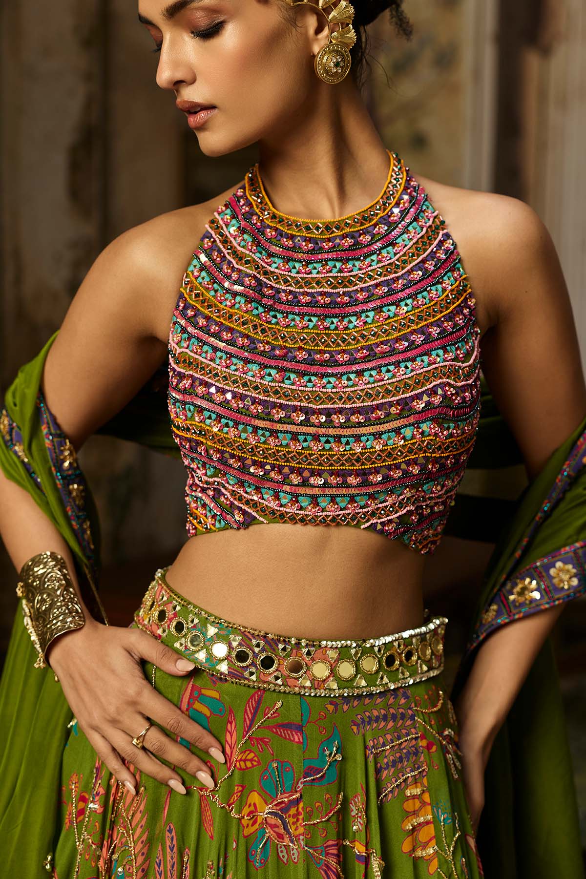 COLORFUL EMBROIDERED BLOUSE WITH PEAR GREEN LEHENGA SET
