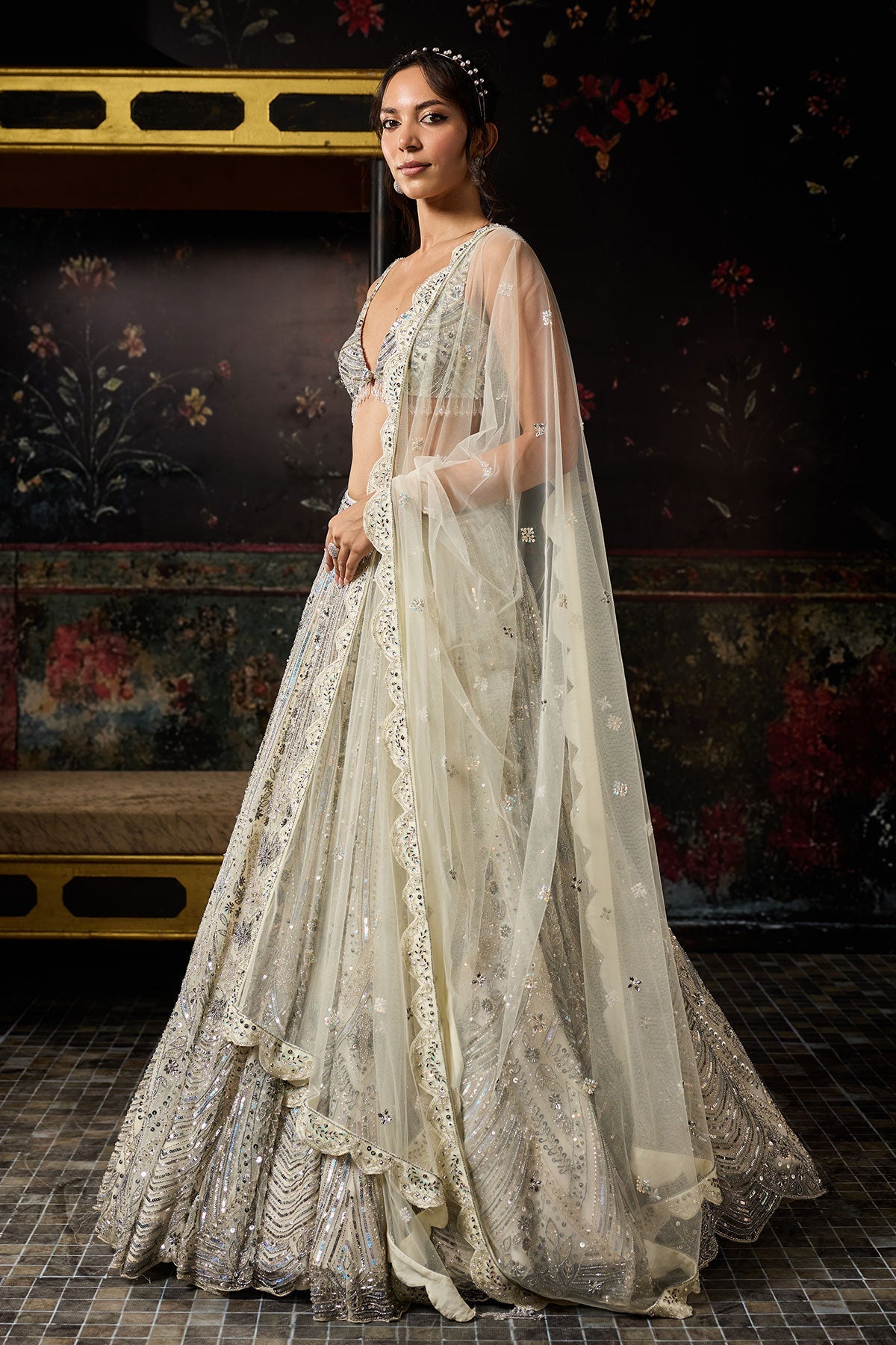 Ivory Fully Embroidered Scallop Lehenga Set