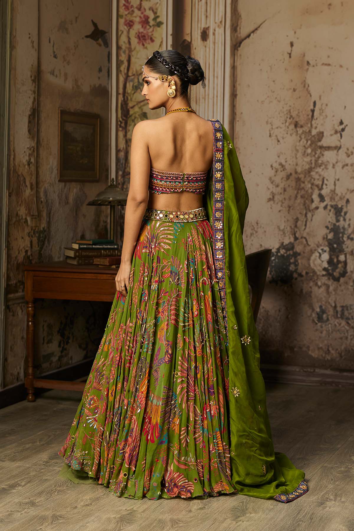 COLORFUL EMBROIDERED BLOUSE WITH PEAR GREEN LEHENGA SET