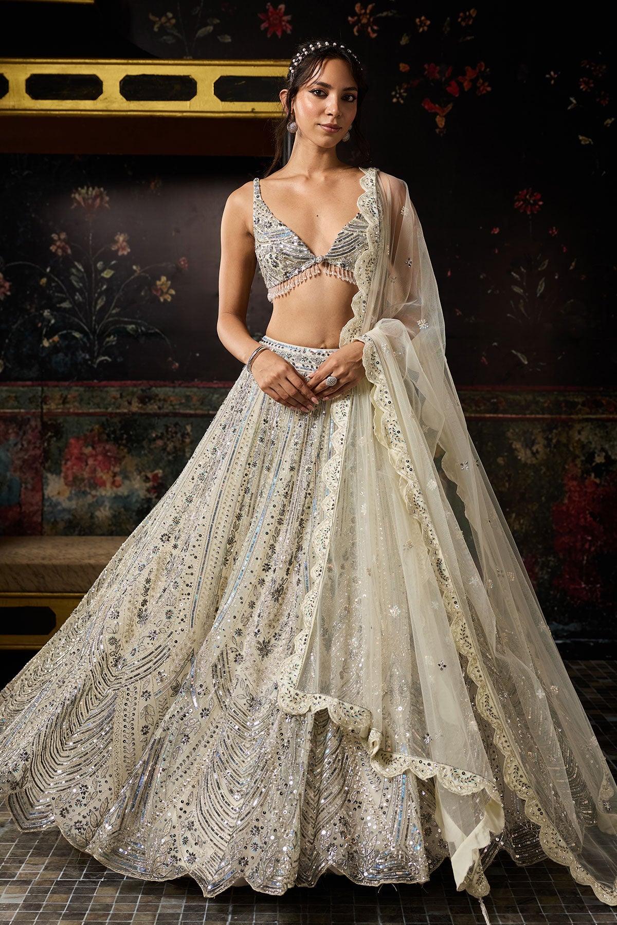 Ivory Fully Embroidered Scallop Lehenga Set