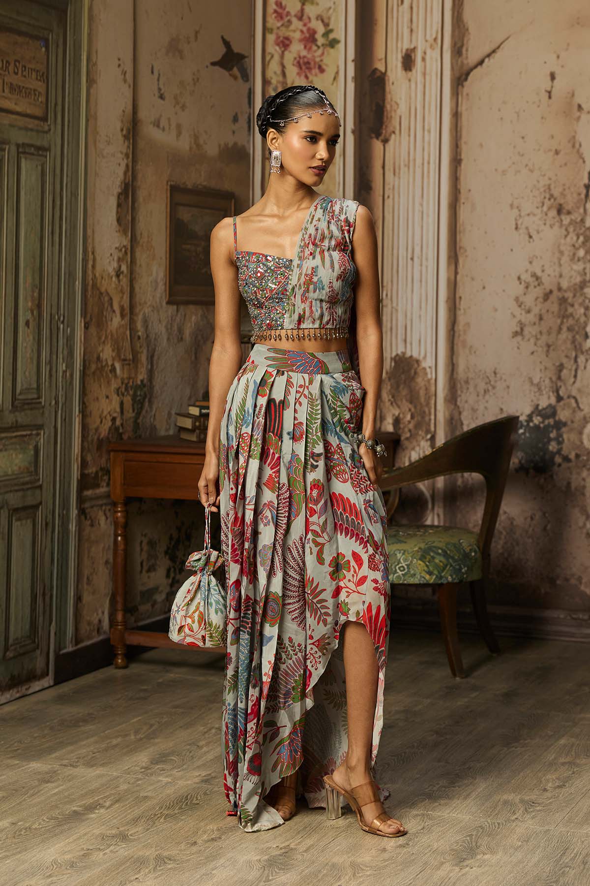 SLATE GREY PRINTED DRAPE ASYMMETRIC CROP TOP AND SKIRT SET