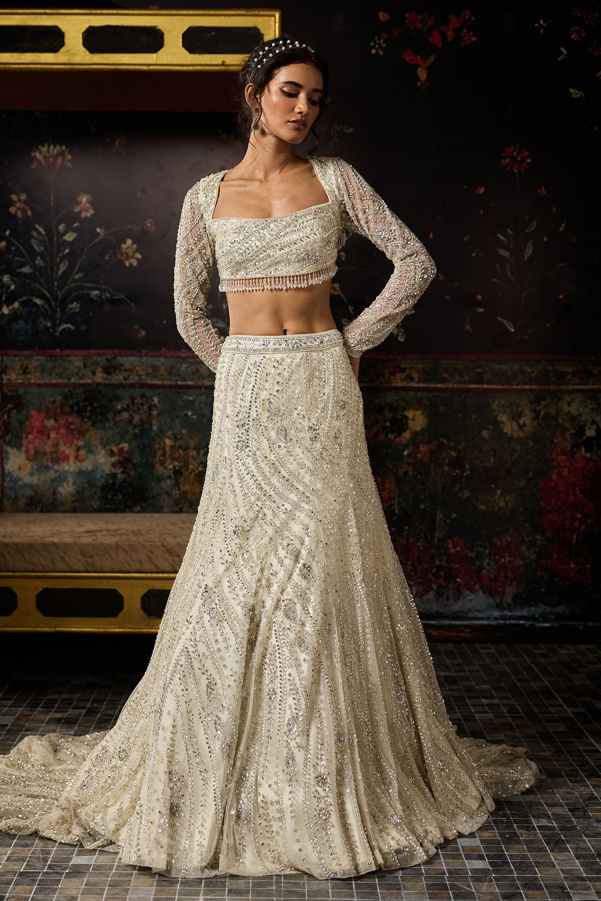 Silver Fully Embellished Long Trail Lehenga Set