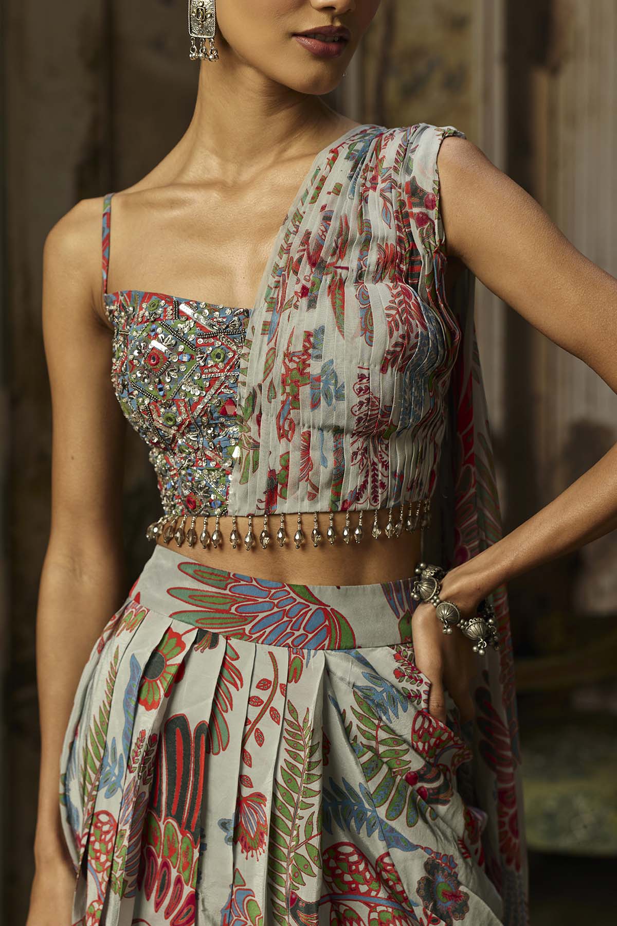 SLATE GREY PRINTED DRAPE ASYMMETRIC CROP TOP AND SKIRT SET