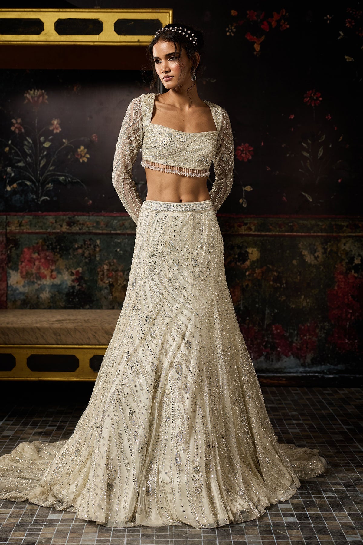 Silver Fully Embellished Long Trail Lehenga Set
