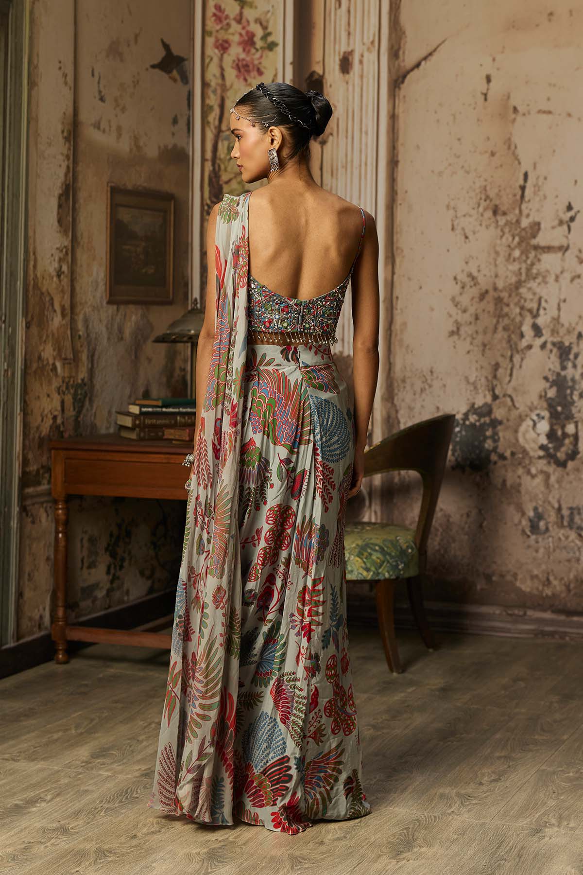 SLATE GREY PRINTED DRAPE ASYMMETRIC CROP TOP AND SKIRT SET
