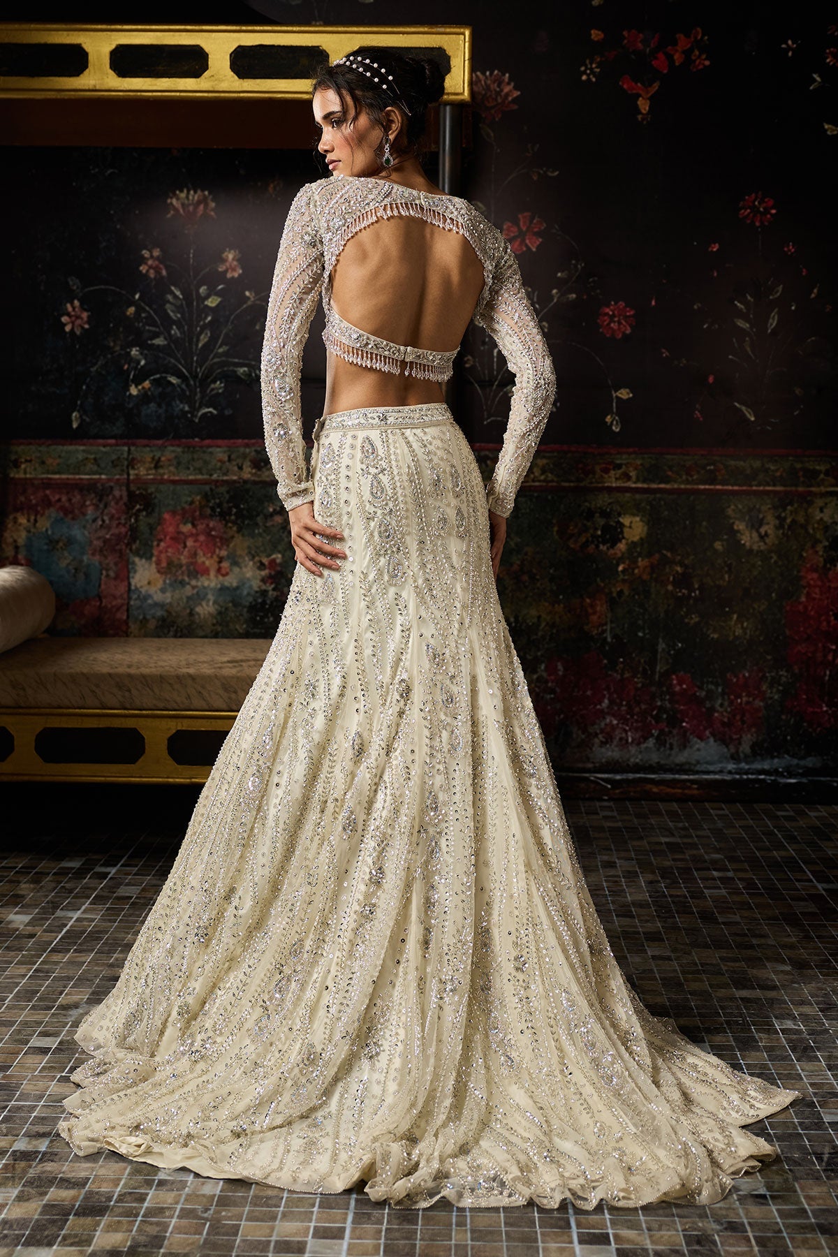 Silver Fully Embellished Long Trail Lehenga Set