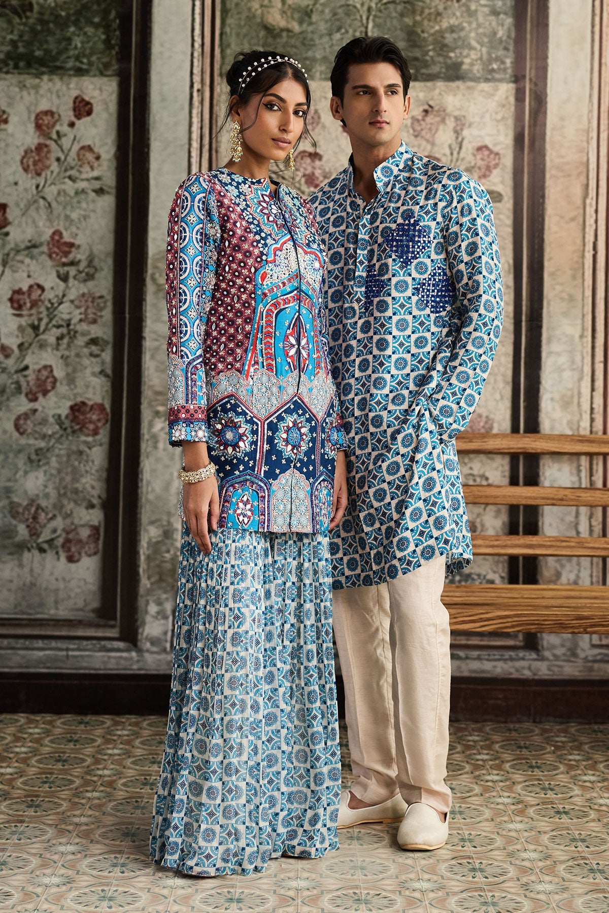 Teal Print And Highlighted Jacket Set