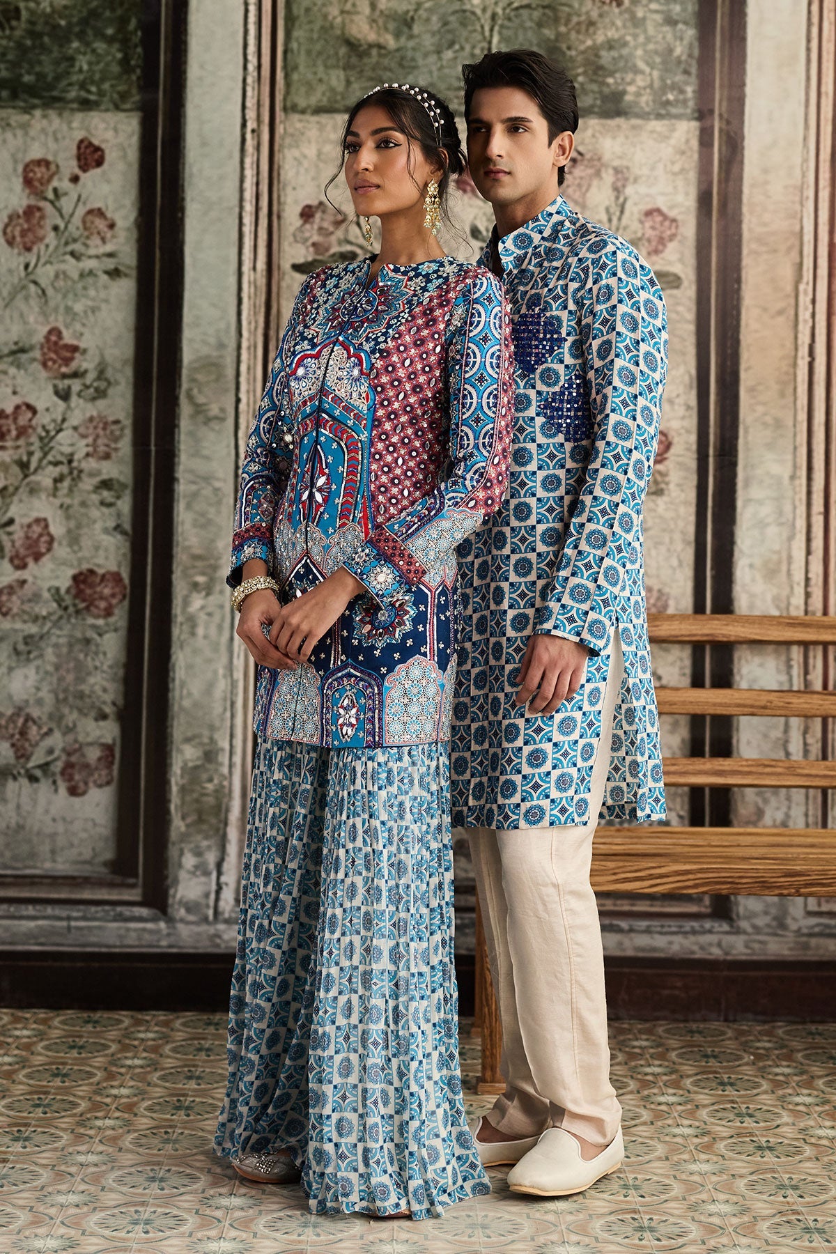 Teal Print And Highlighted Jacket Set