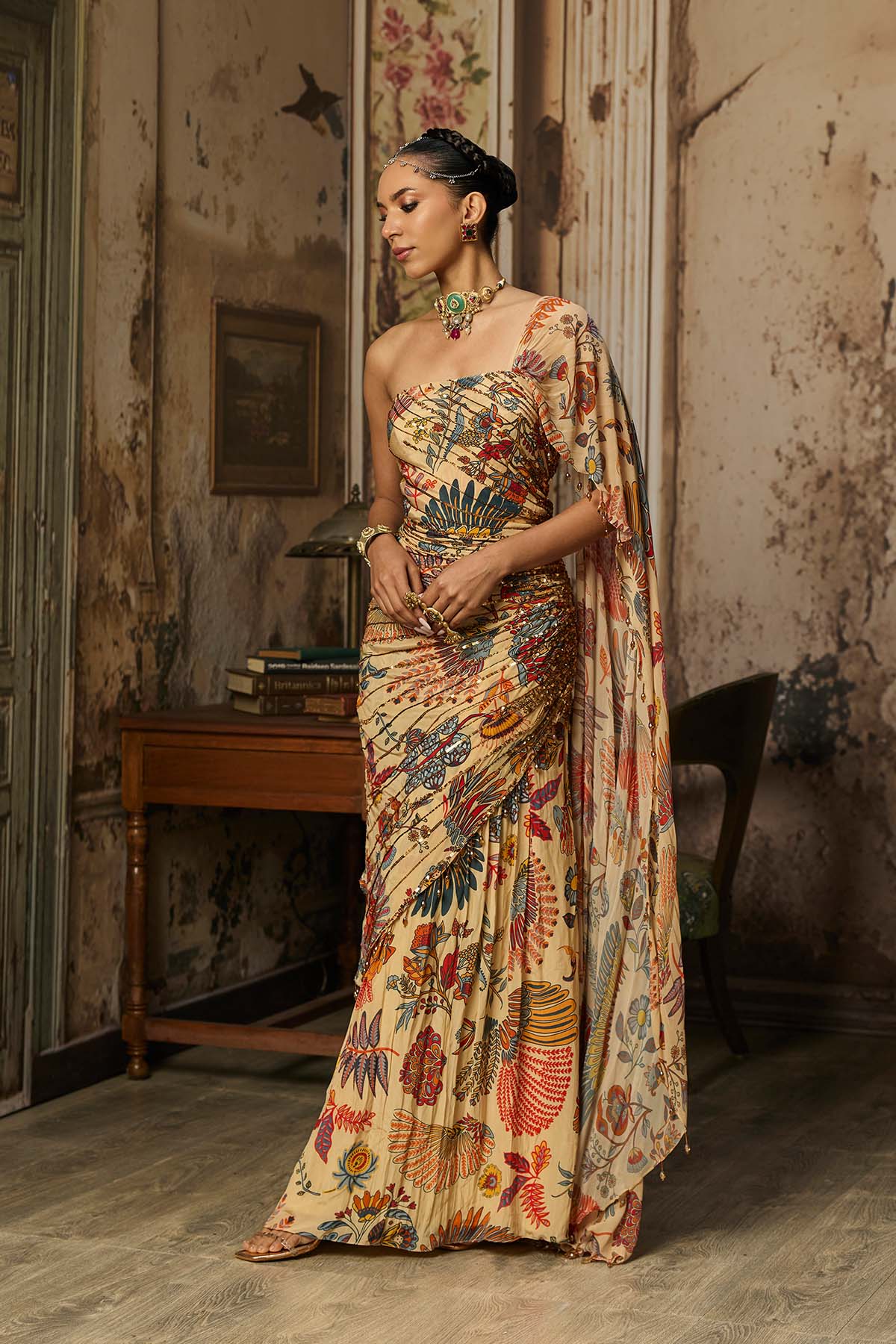 BEIGE PRINTED AND HIGHLIGTED DRAPE GOWN SAREE
