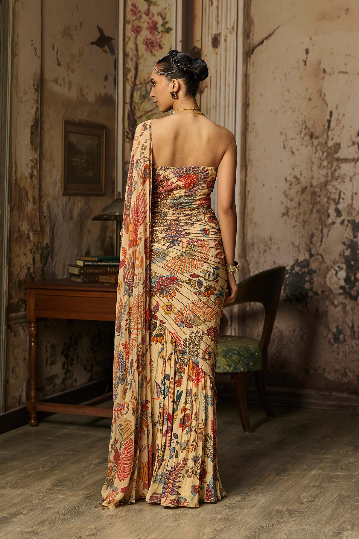 BEIGE PRINTED AND HIGHLIGTED DRAPE GOWN SAREE