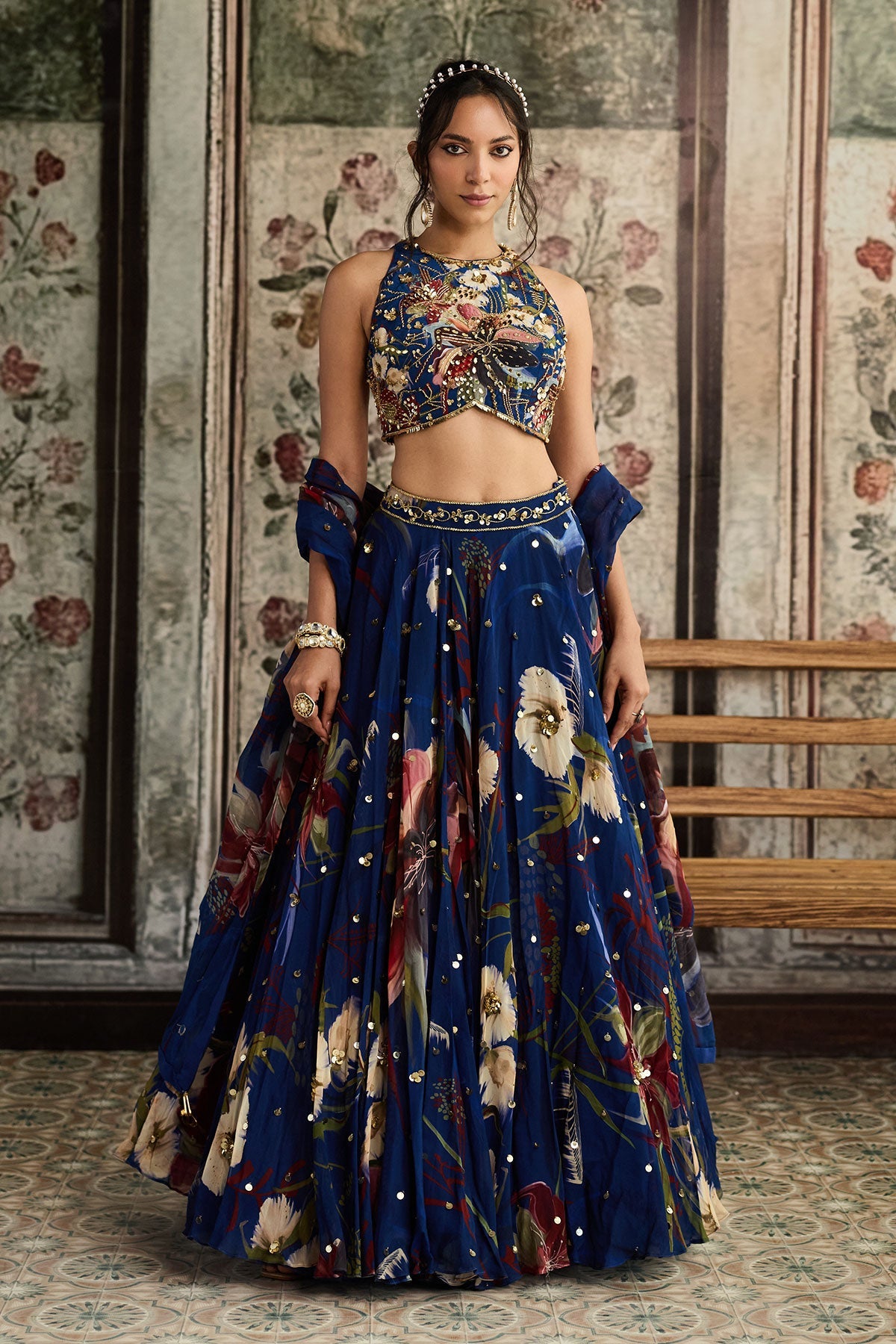 Blue Floral Print And Highlighted Lehenga Set