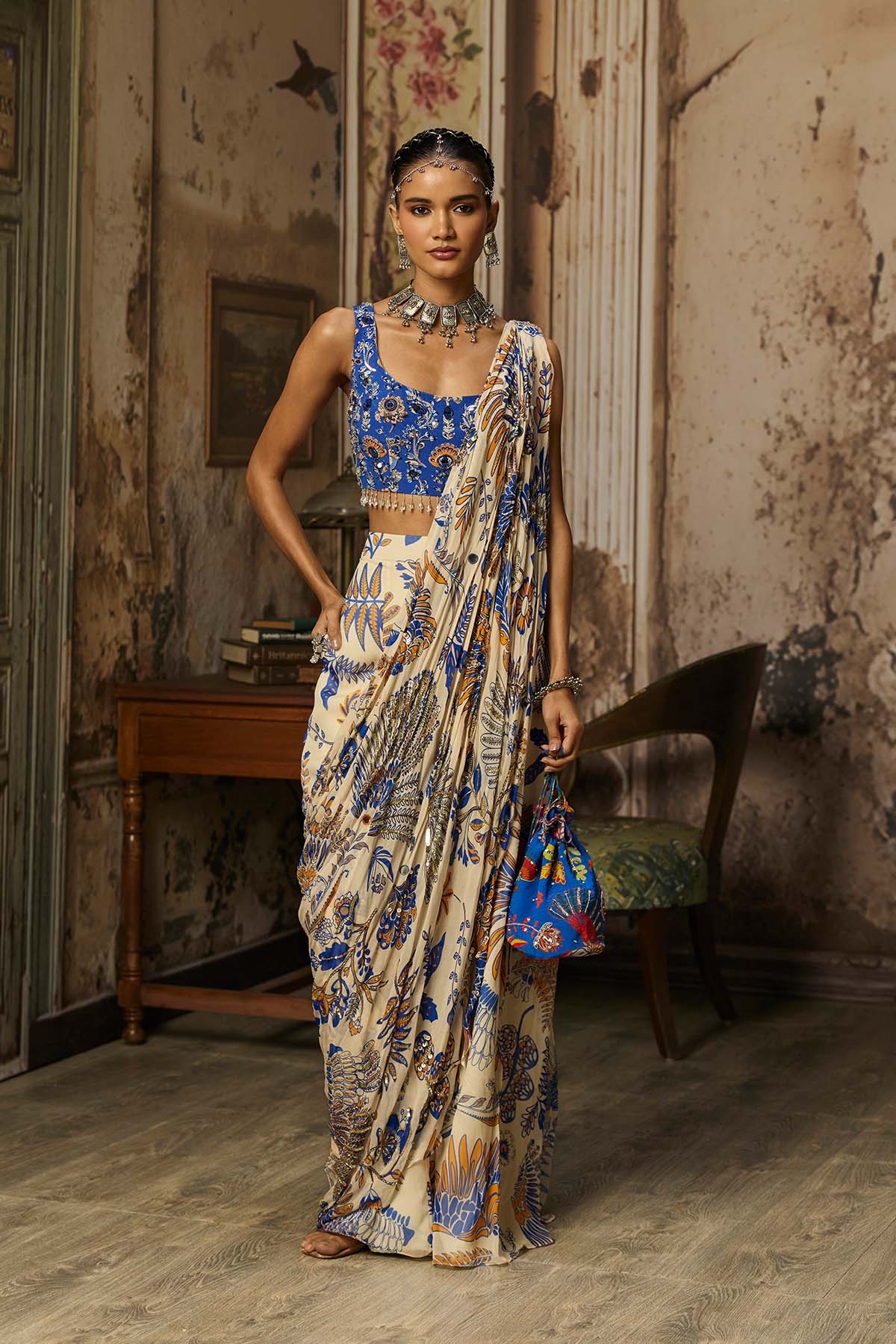 IVORY PRINTED AND HIGHLIGHTED SHARARA PANTS SAREE SET