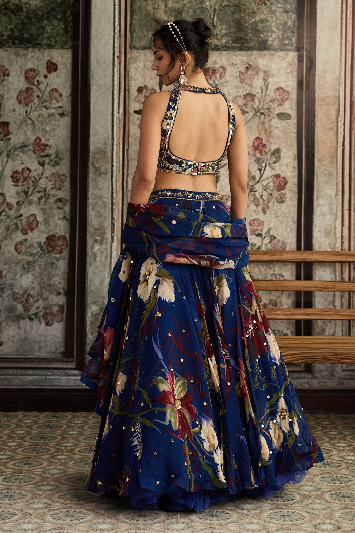 Blue Floral Print And Highlighted Lehenga Set