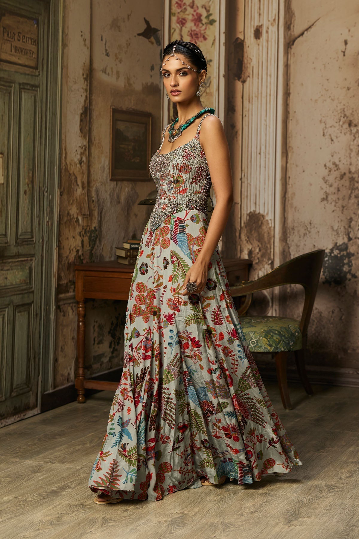 Slate Grey Printed And Highlighted Corset Gown - Ready To Ship