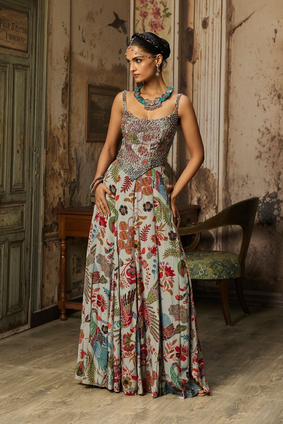 Slate Grey Printed And Highlighted Corset Gown - Ready To Ship