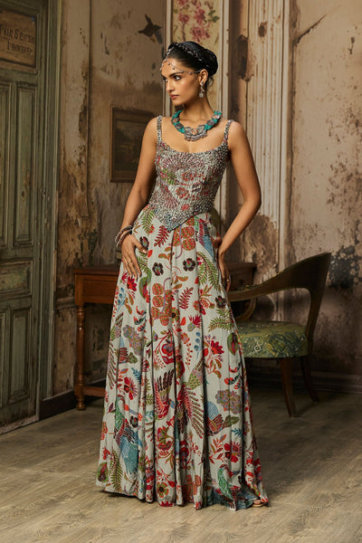 Slate Grey Printed And Highlighted Corset Gown - Ready To Ship