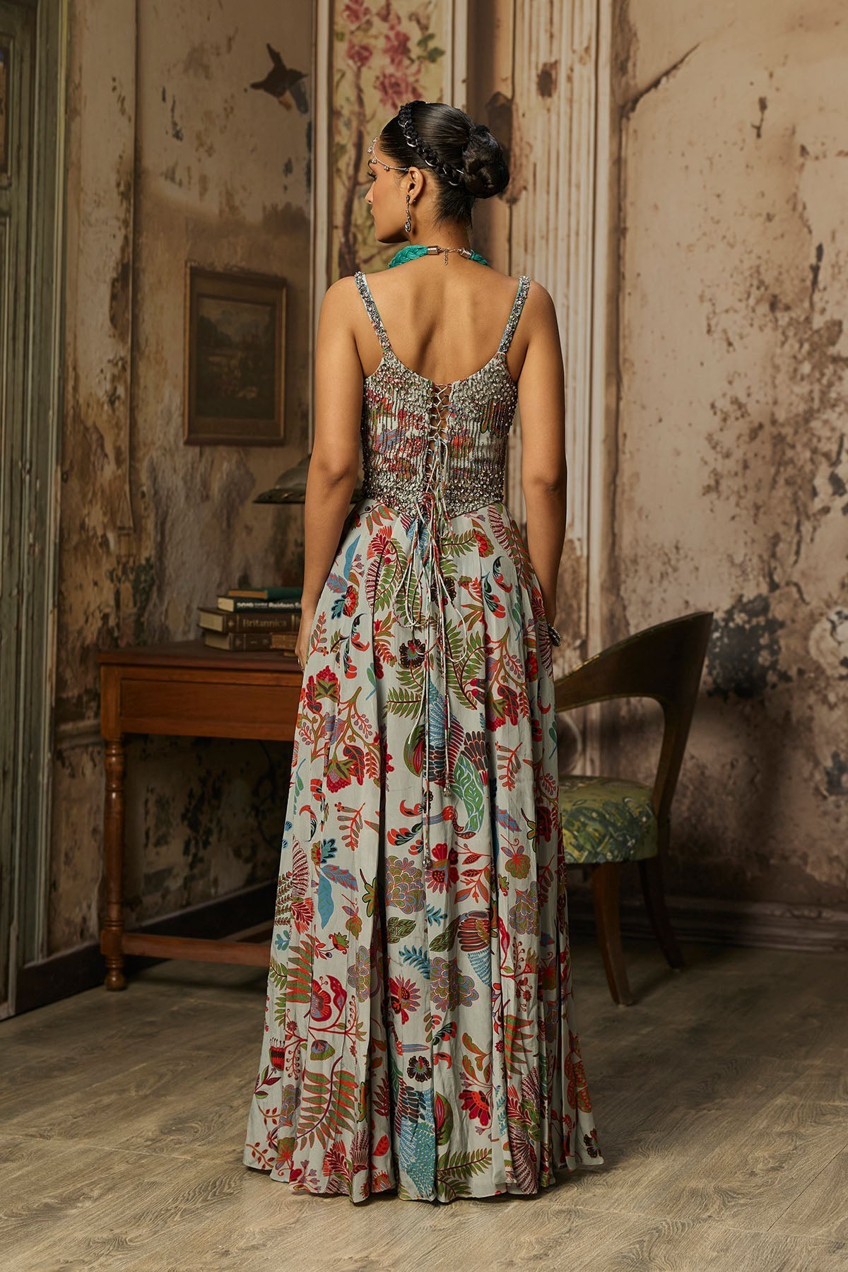 Slate Grey Printed And Highlighted Corset Gown - Ready To Ship