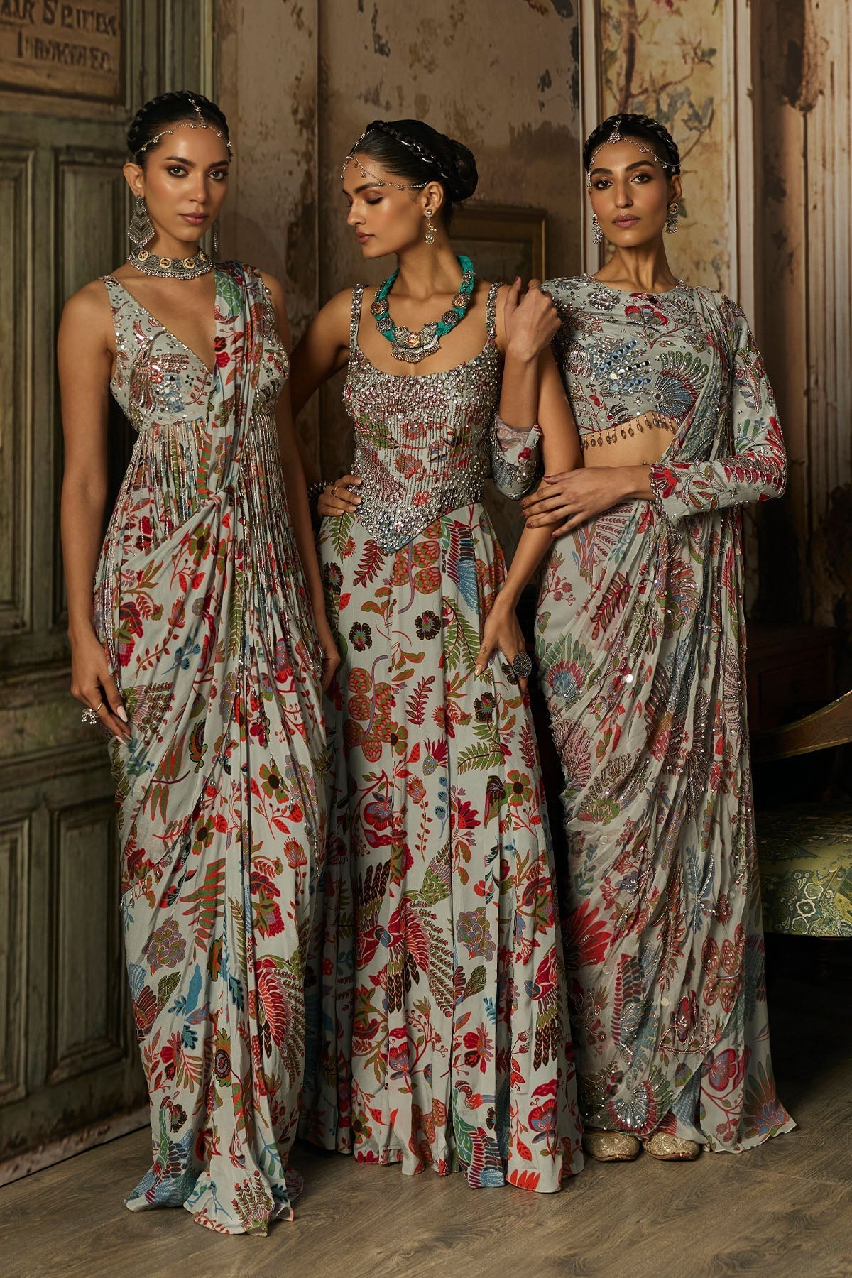 Slate Grey Printed And Highlighted Corset Gown - Ready To Ship