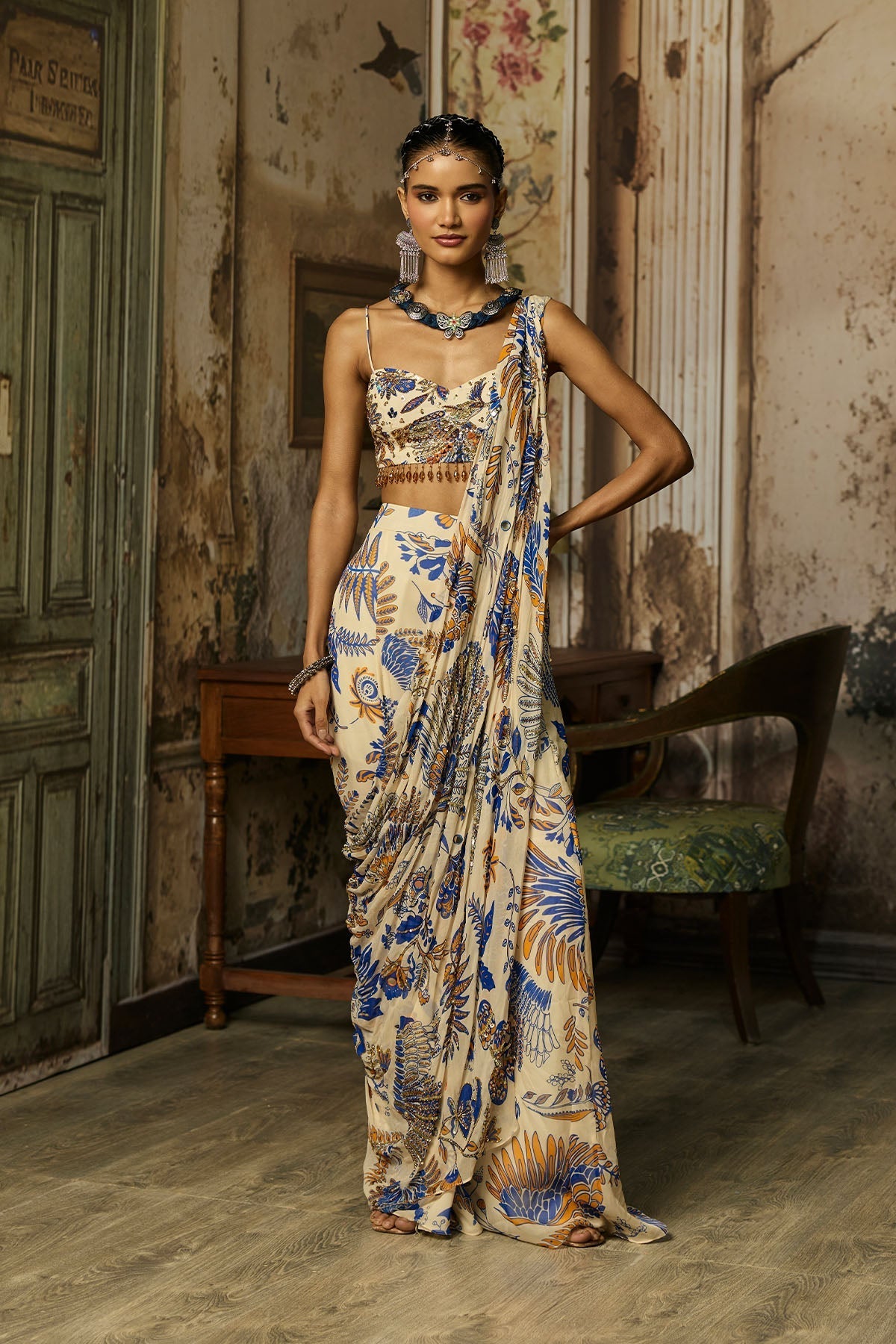 Ivory Printed And Highlighted Sharara Pants Saree Set - Ready To Ship