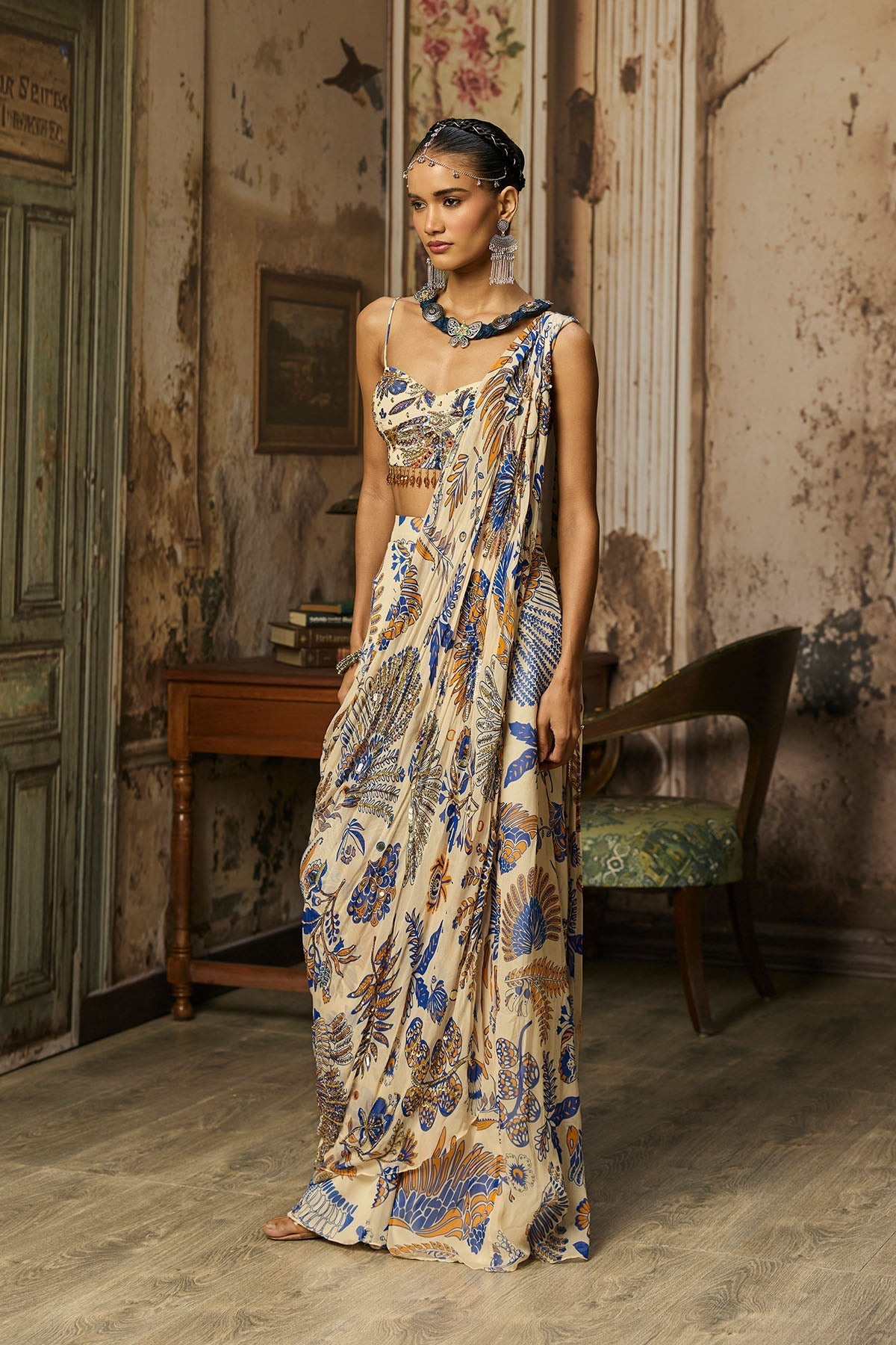Ivory Printed And Highlighted Sharara Pants Saree Set - Ready To Ship