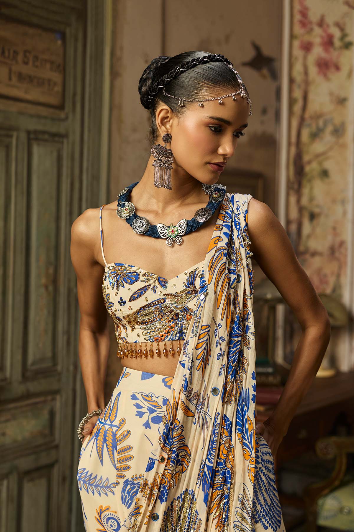 IVORY PRINTED AND HIGHLIGHTED SHARARA PANTS SAREE SET