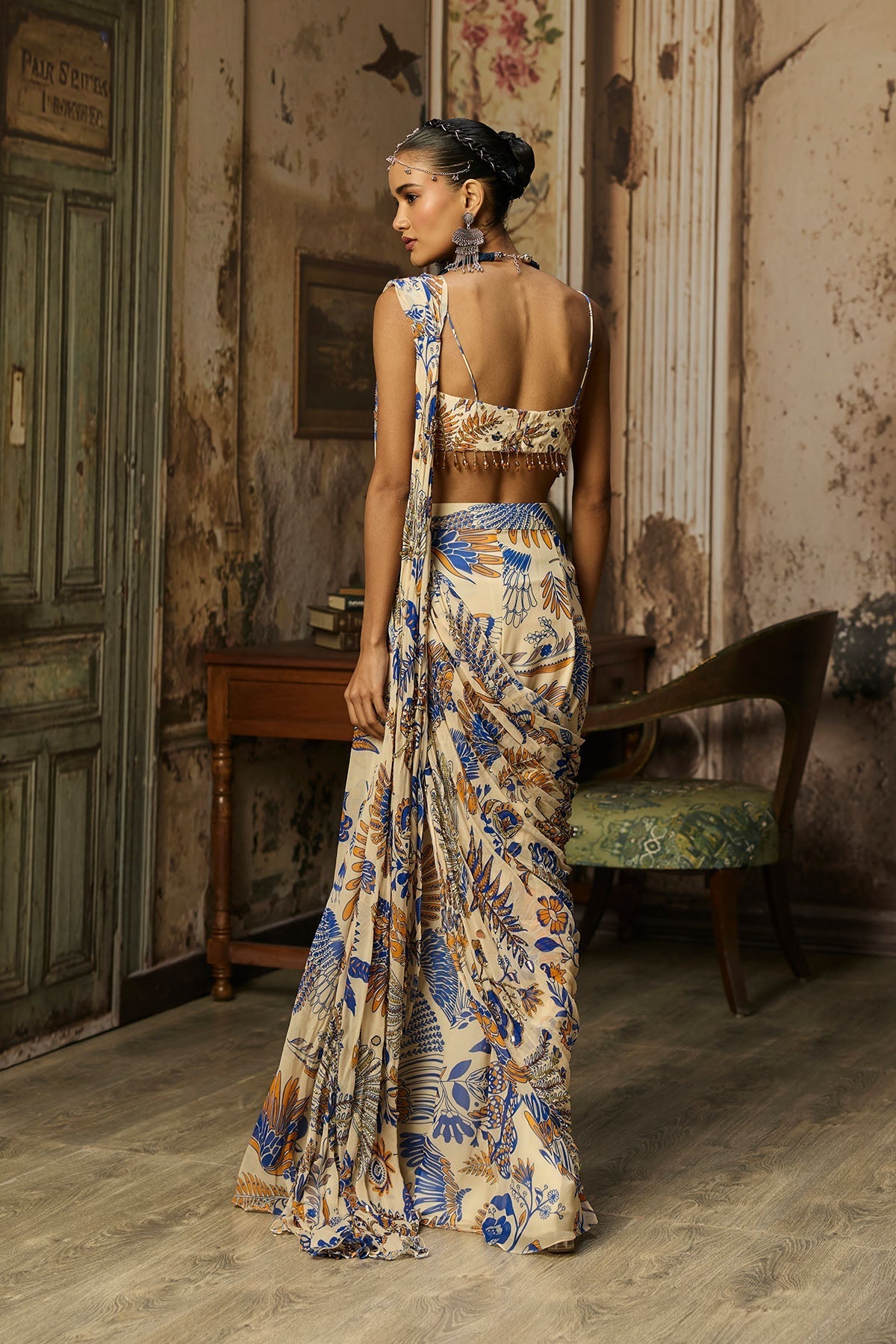 Ivory Printed And Highlighted Sharara Pants Saree Set - Ready To Ship