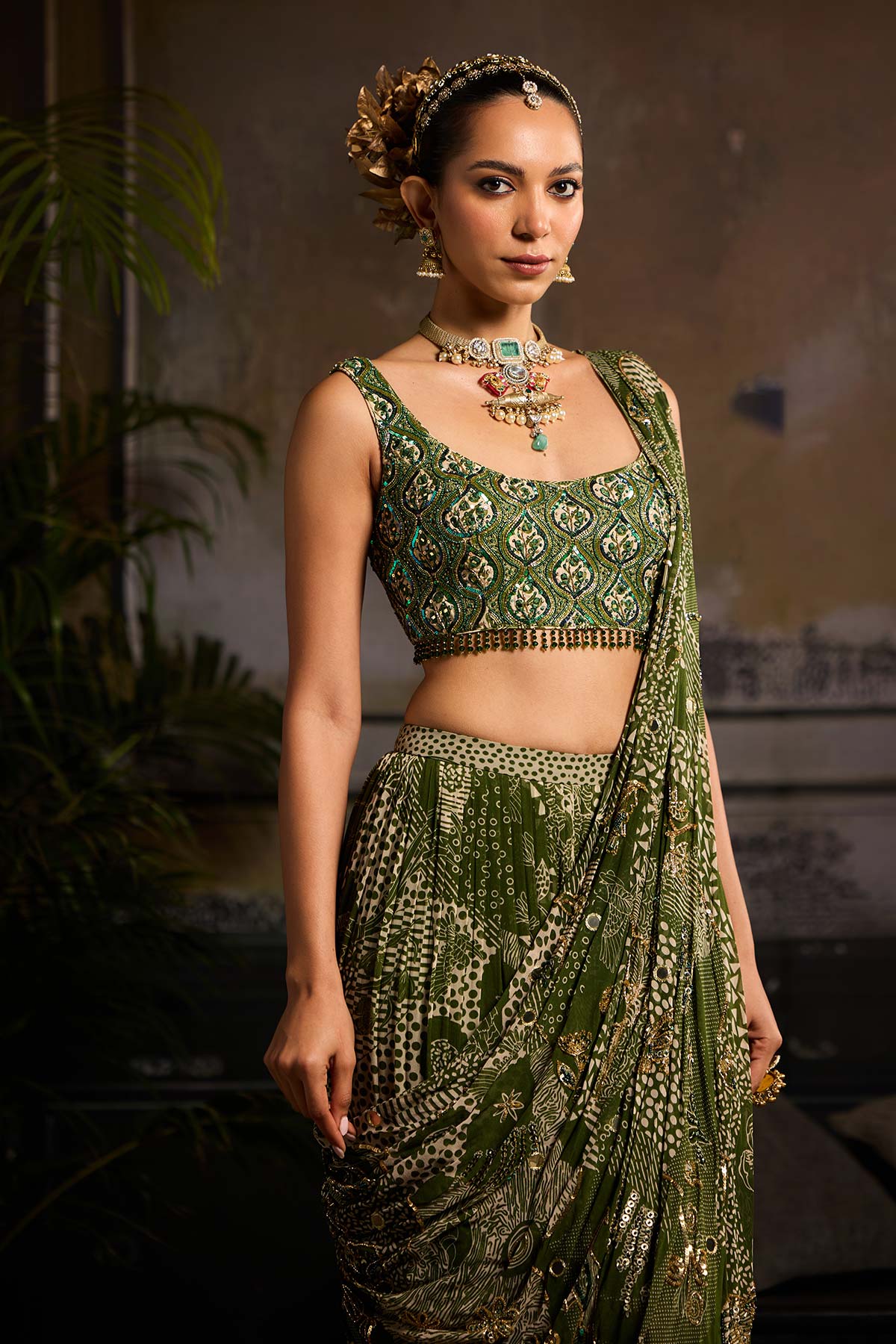 Nora Fatehi in Sage Green Print and Highlighted Skirt Saree Set