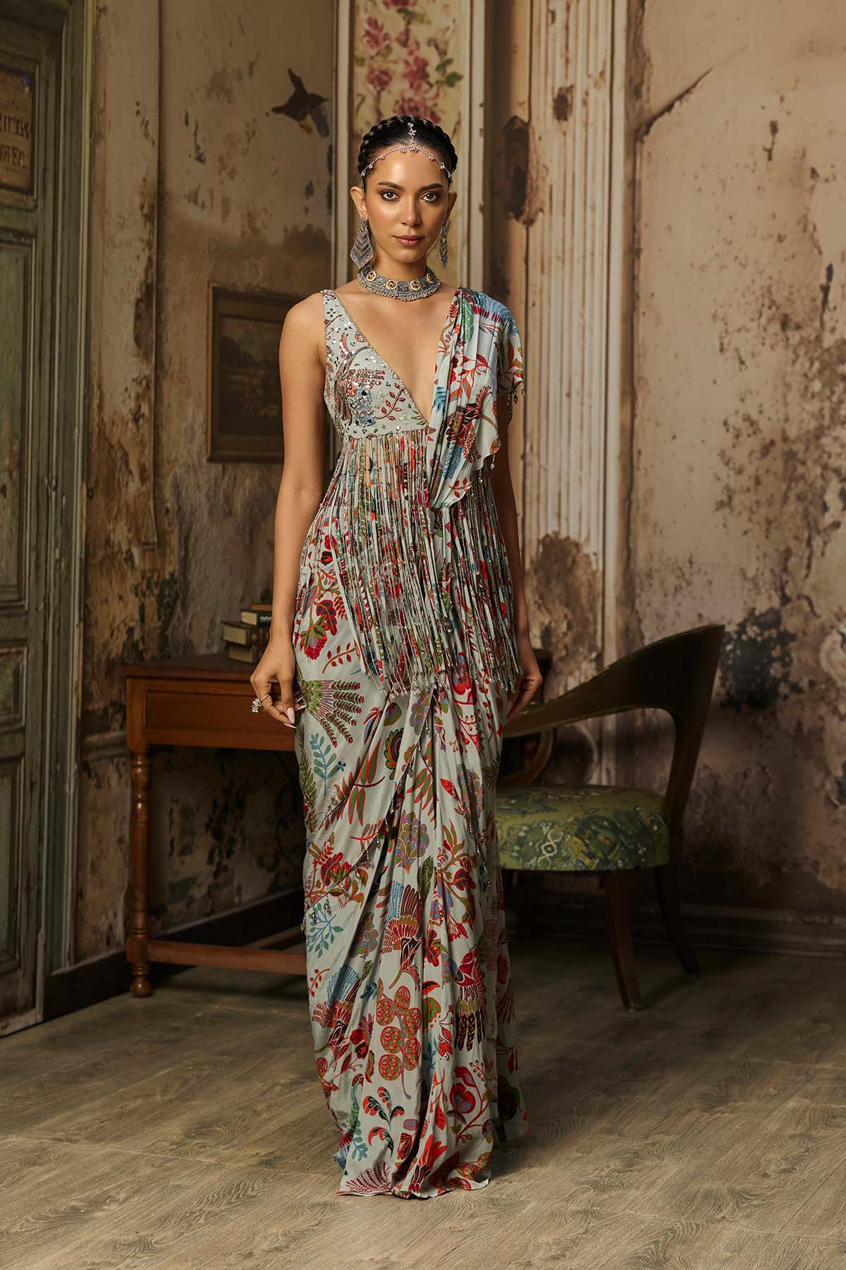 SLATE GREY PRINTED AND HIGHLIGHTED DHOTI SKIRT SAREE SET