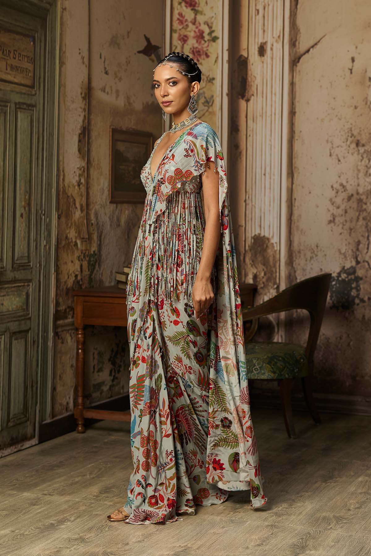 SLATE GREY PRINTED AND HIGHLIGHTED DHOTI SKIRT SAREE SET