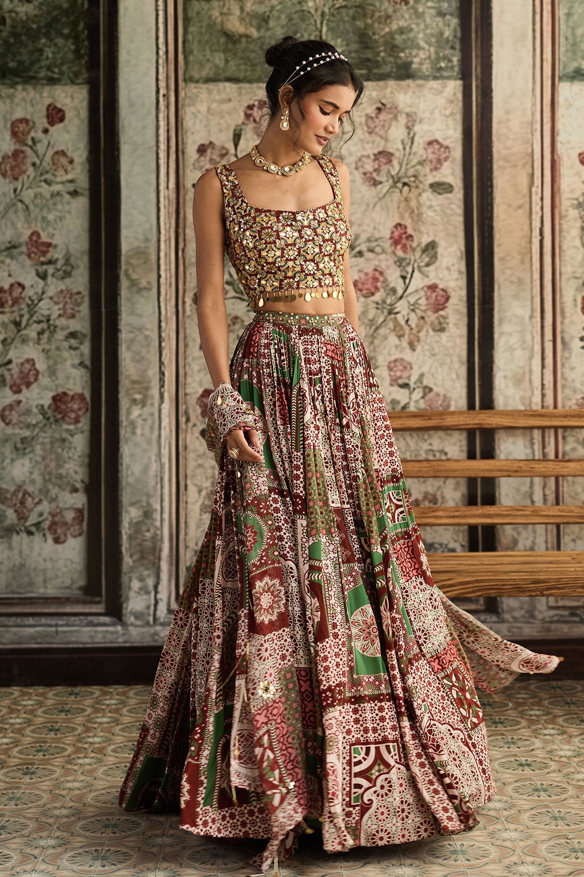Sage-Maroon Print And Highlighted Square Neck Blouse With Lehenga Set