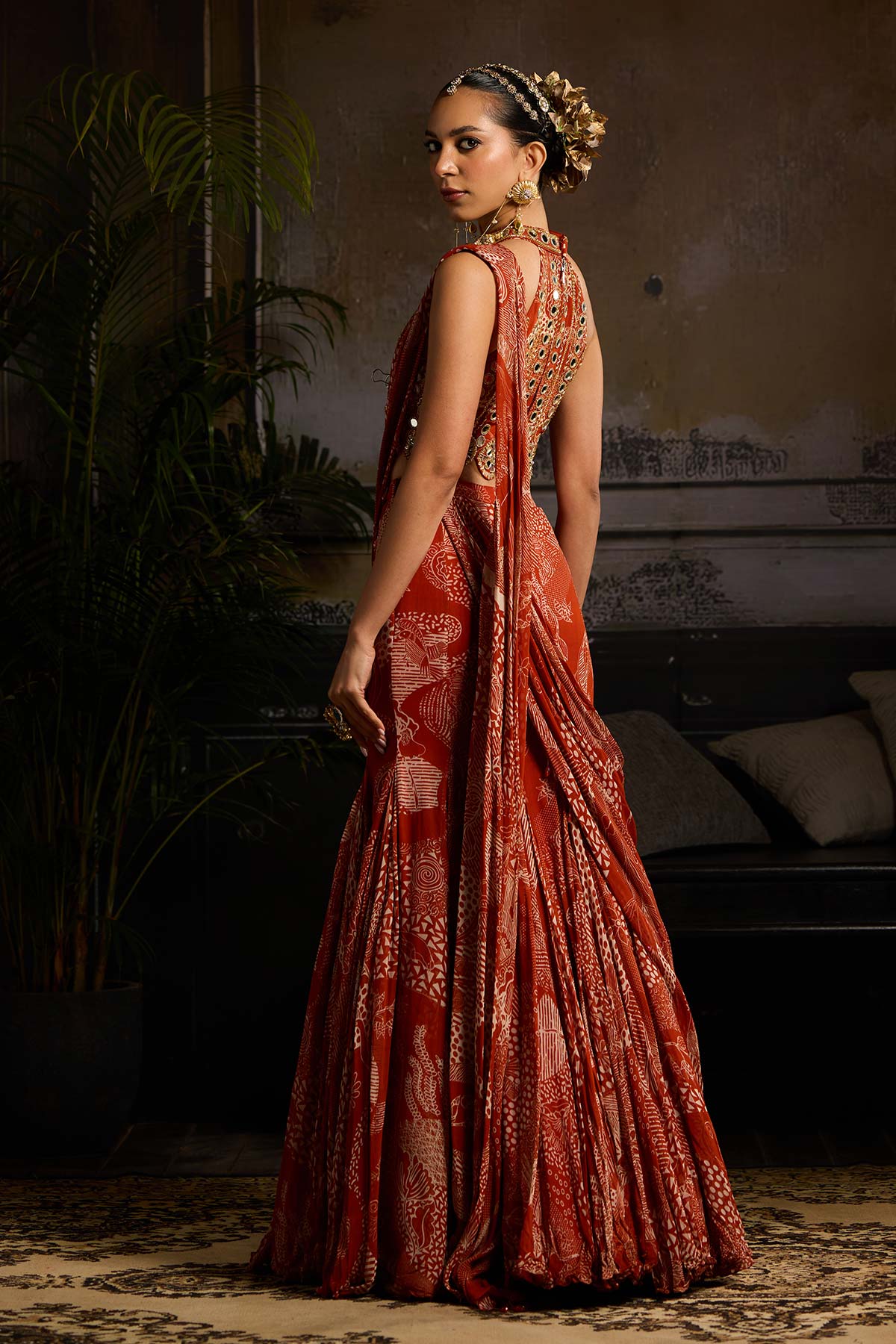 Rust Print and Highlighted Mermaid Saree Set