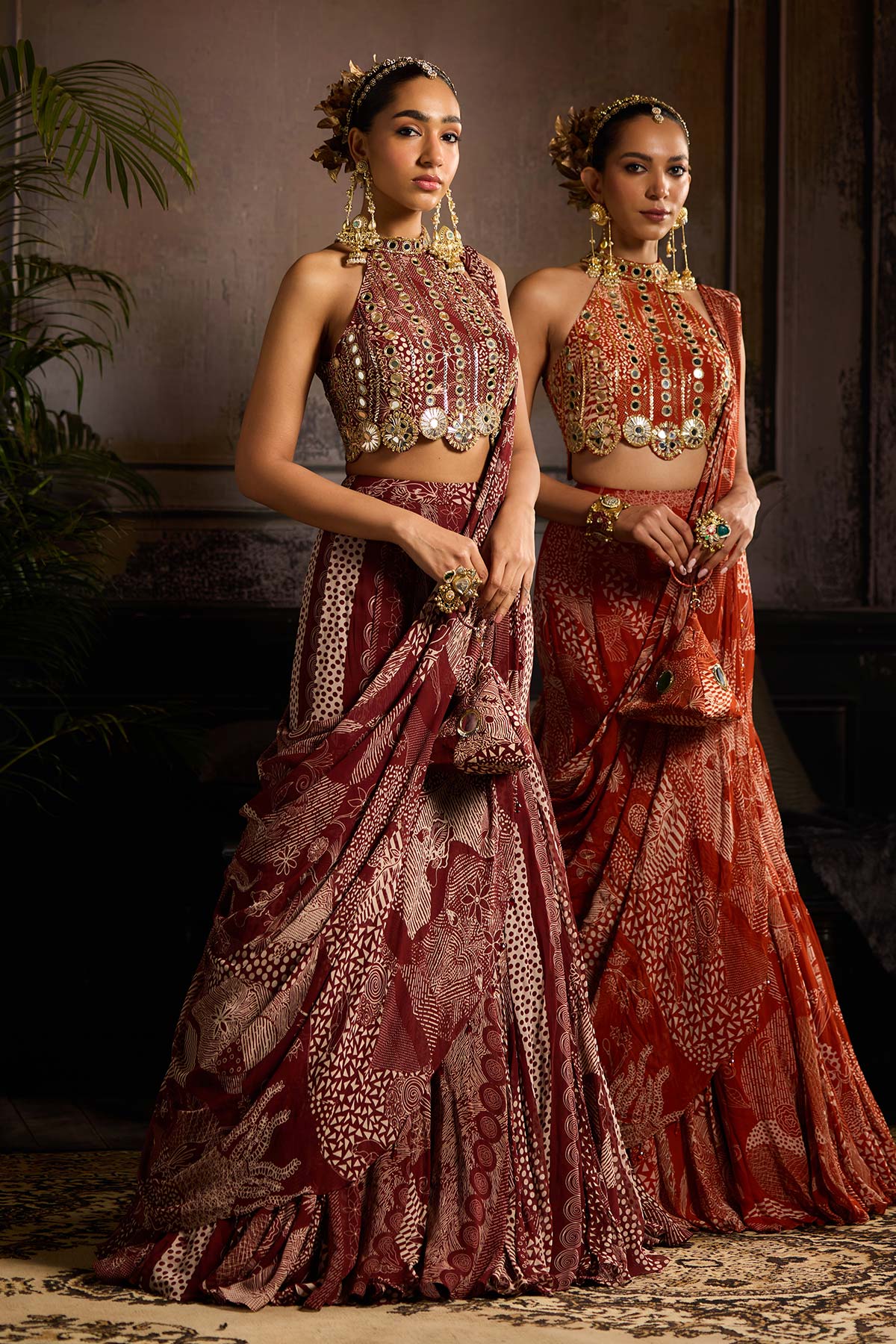 Rust Print and Highlighted Mermaid Saree Set